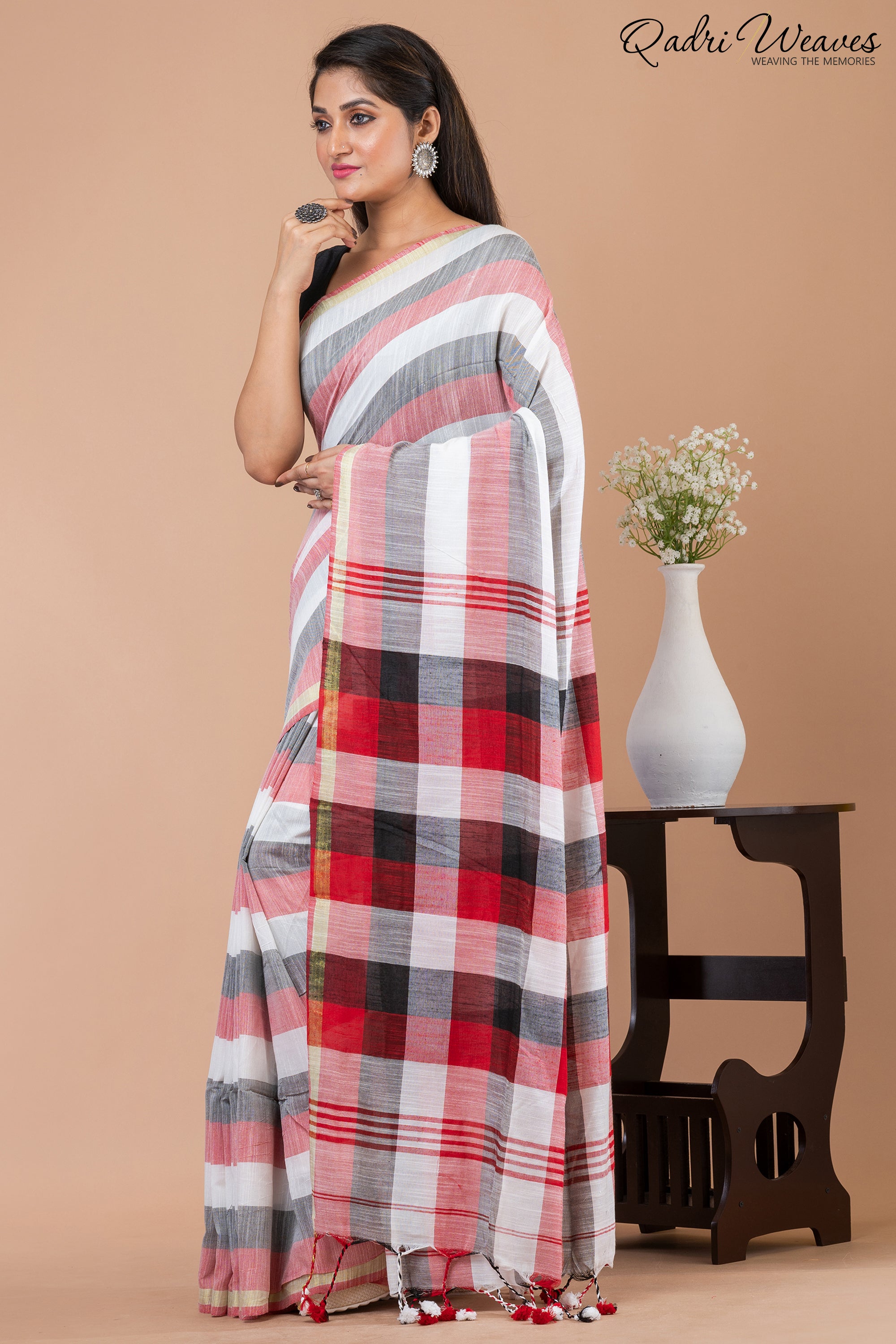 Pink & Grey striped checkered Pure Cotton Saree