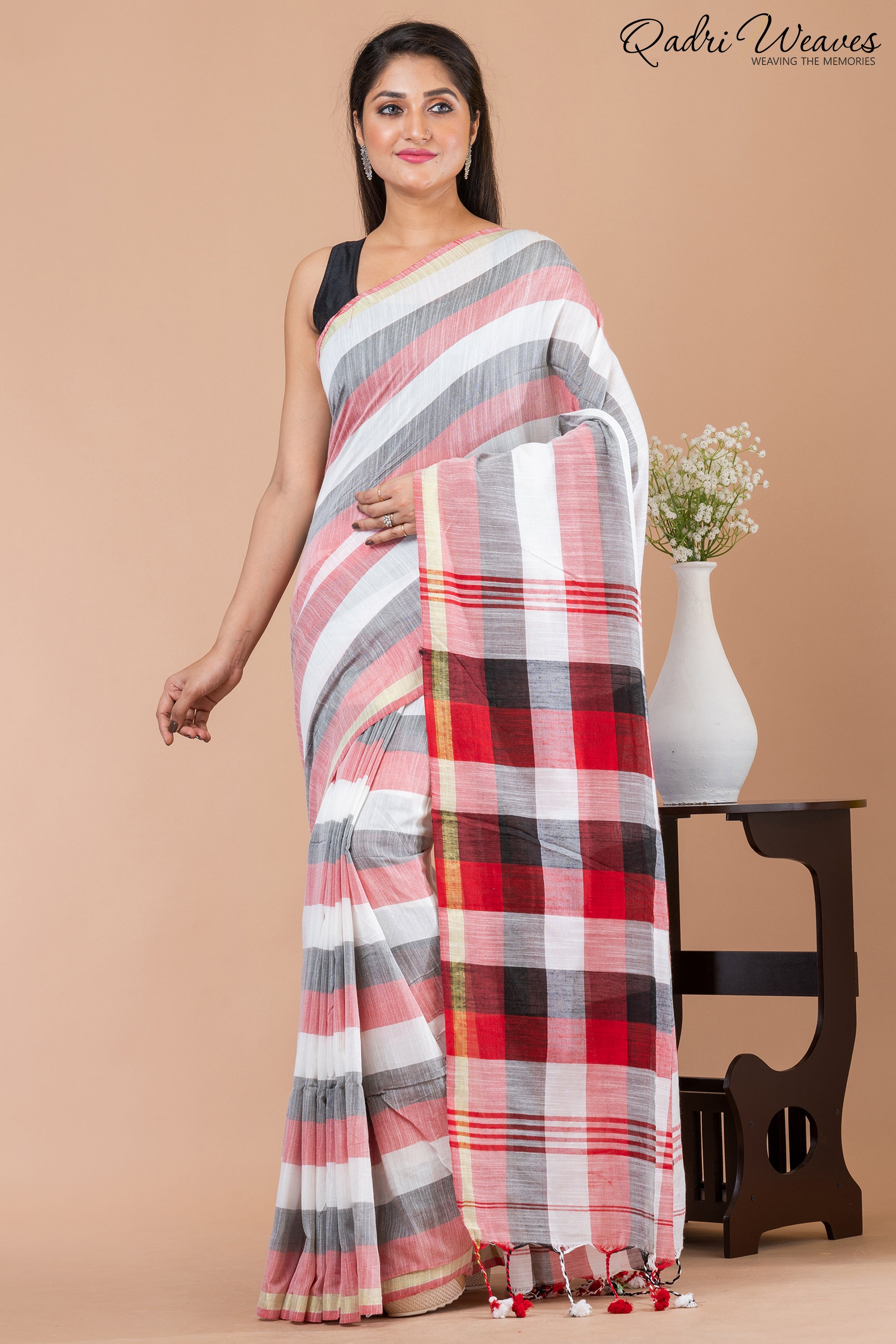 Pink & Grey striped checkered Pure Cotton Saree