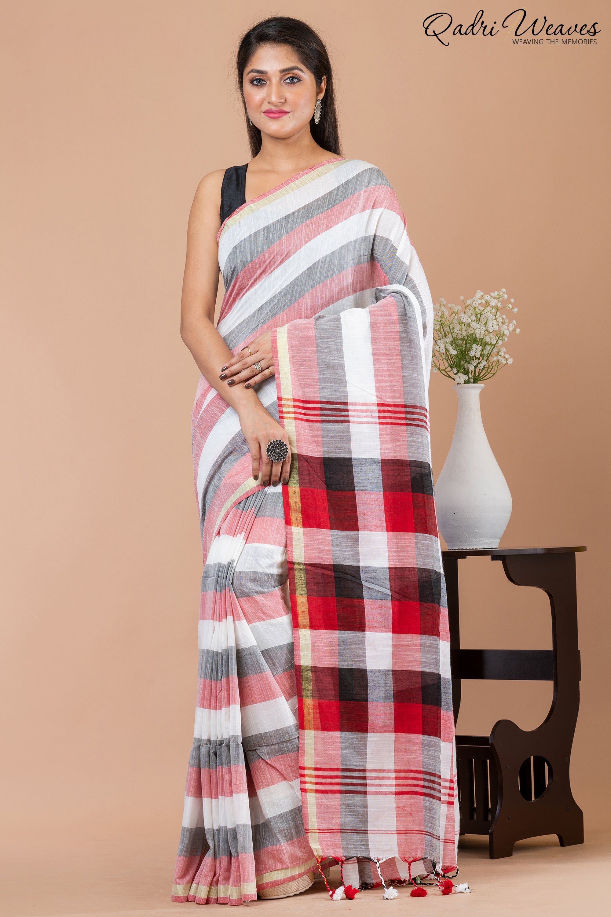 Pink & Grey striped checkered Pure Cotton Saree