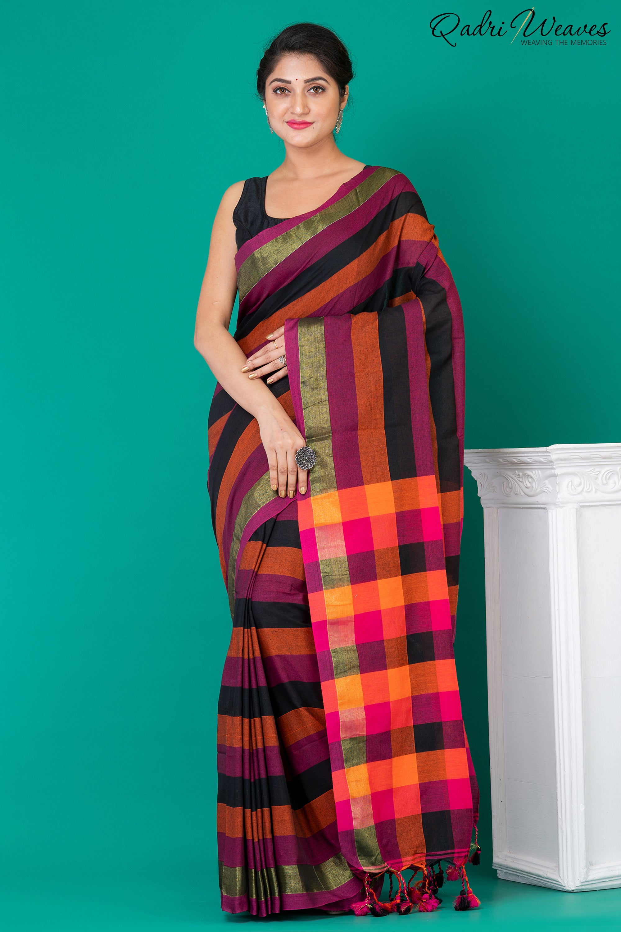 Purple & Mustard striped checkered Pure Cotton Saree