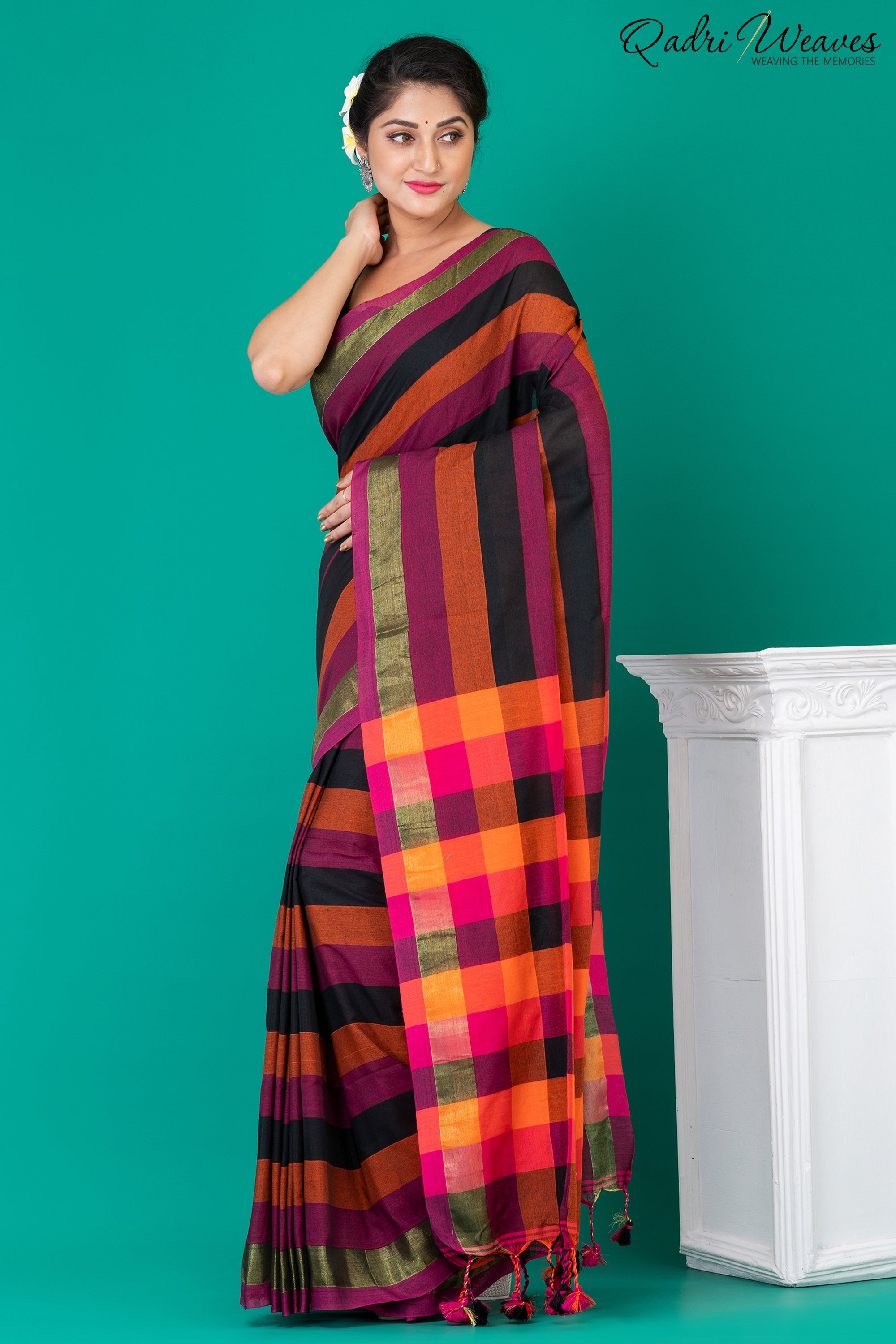 Purple & Mustard striped checkered Pure Cotton Saree