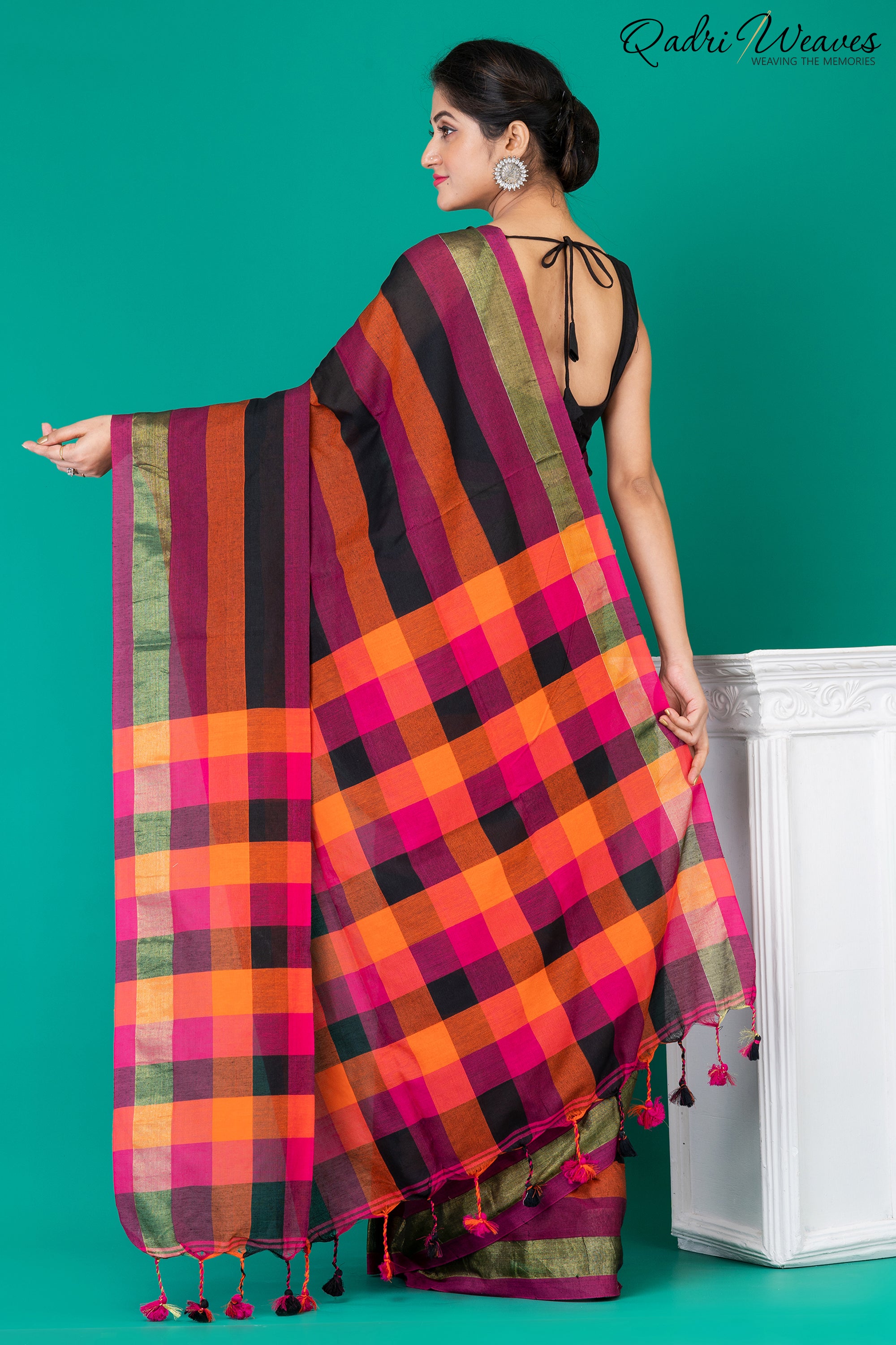 Purple & Mustard striped checkered Pure Cotton Saree