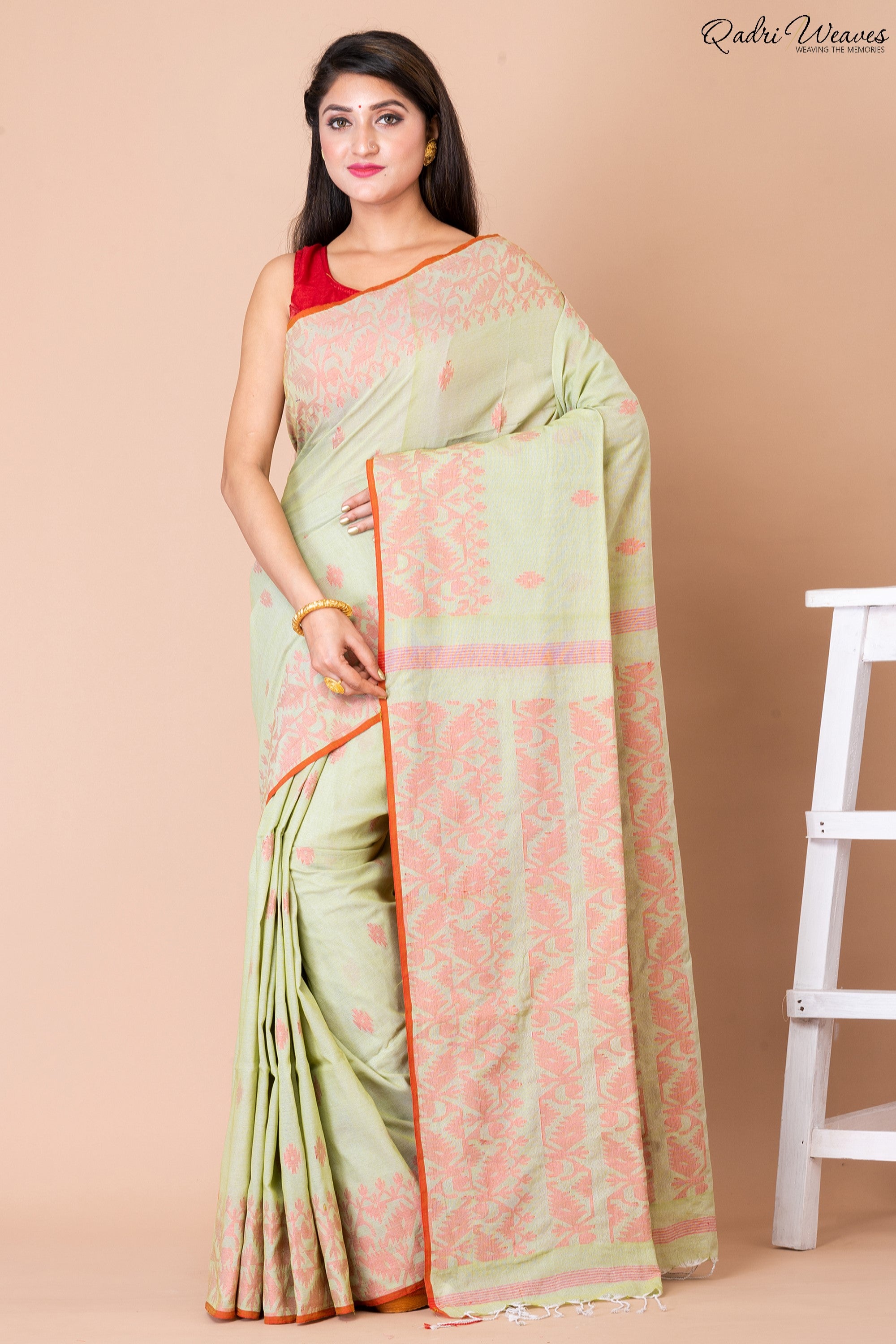 Pistachio Green Color Cotton Jamdani Saree