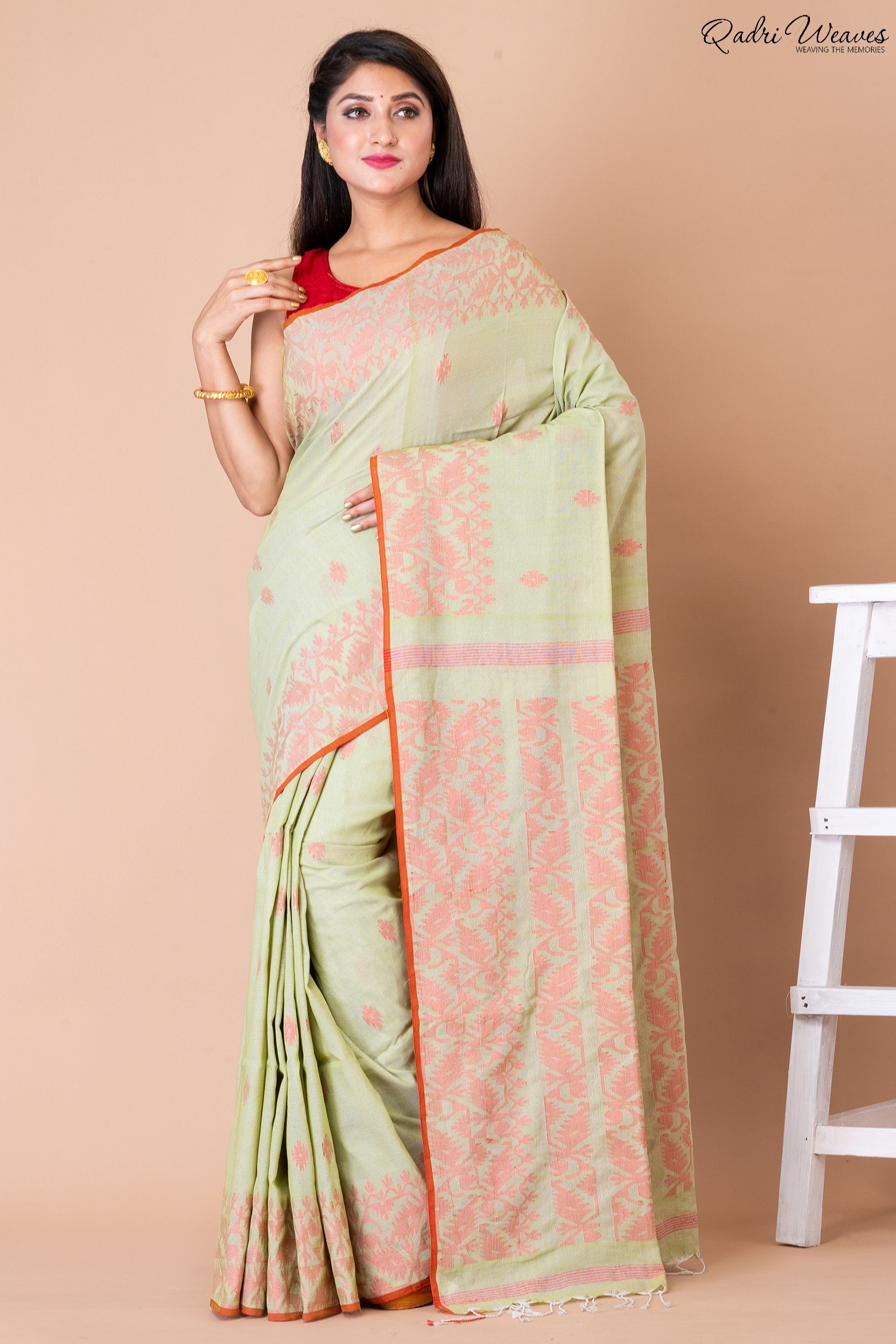 Pistachio Green Color Cotton Jamdani Saree