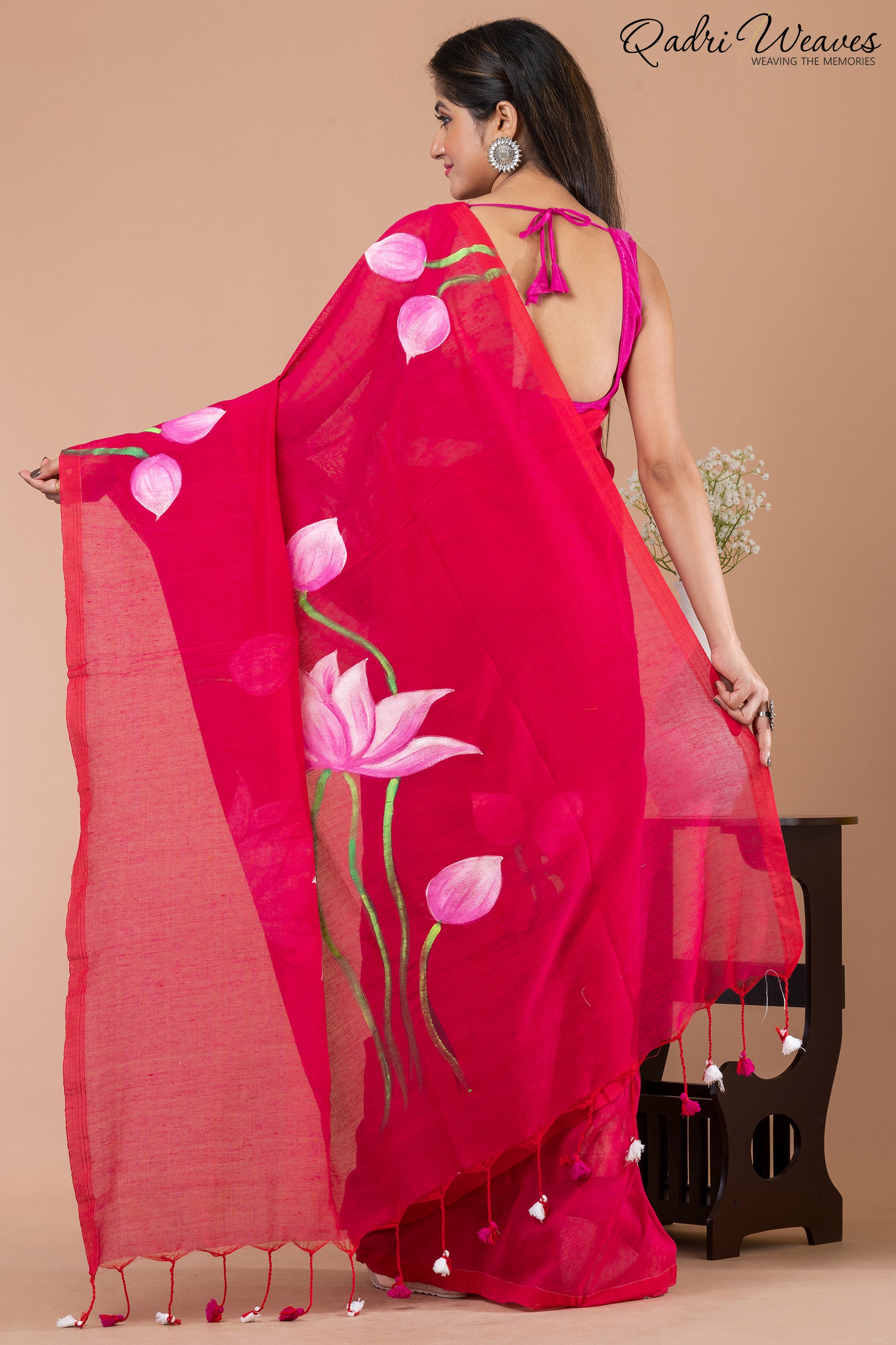 Hand Painted Pure Cotton Red Lotus Flower Design Saree