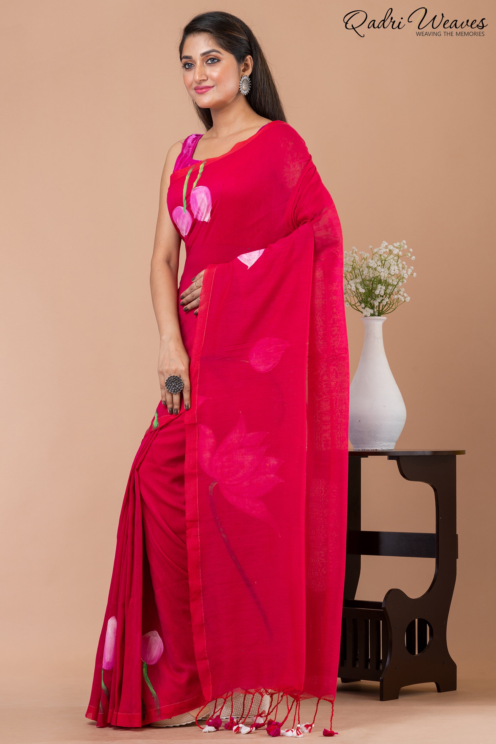 Hand Painted Pure Cotton Red Lotus Flower Design Saree