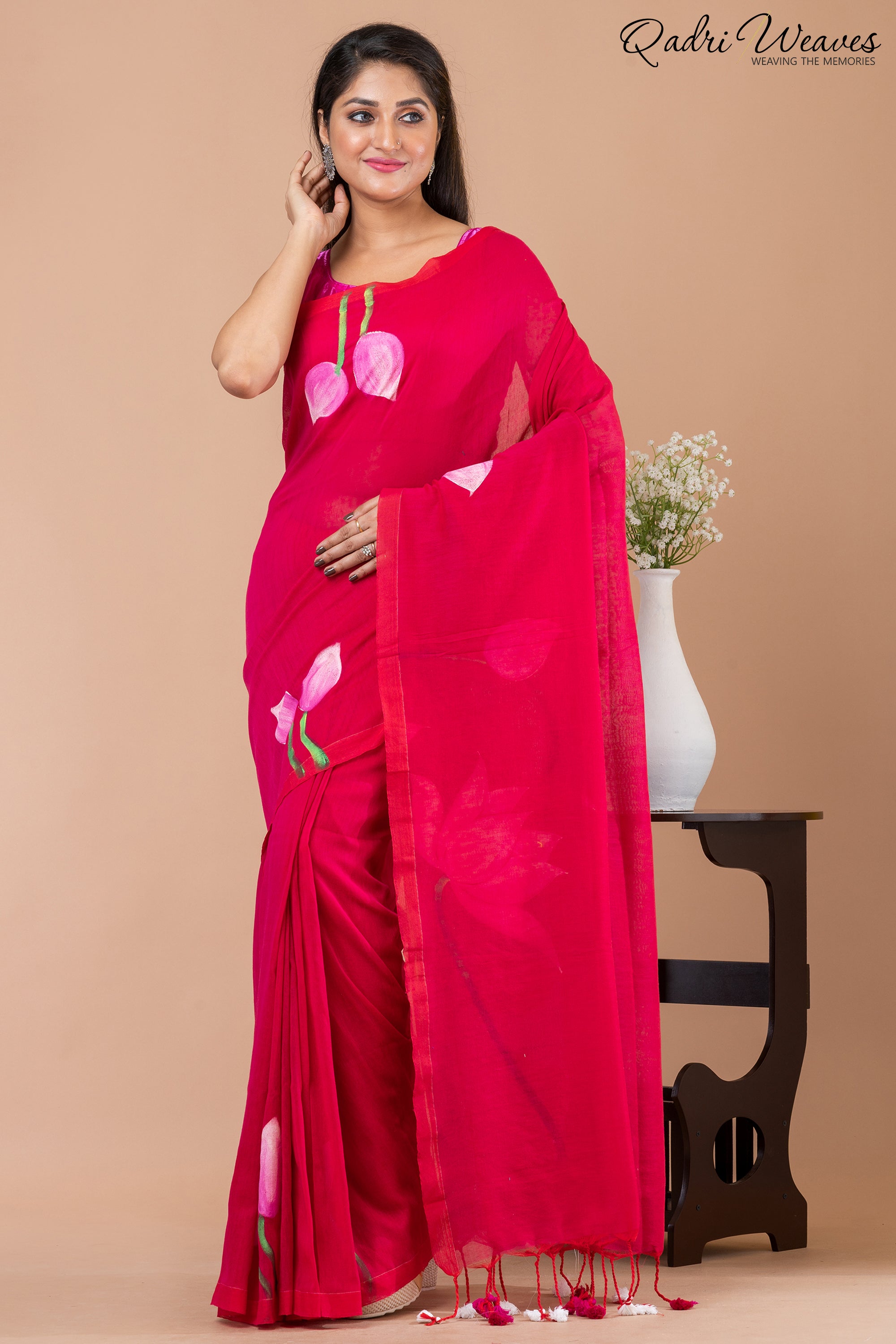 Hand Painted Pure Cotton Red Lotus Flower Design Saree