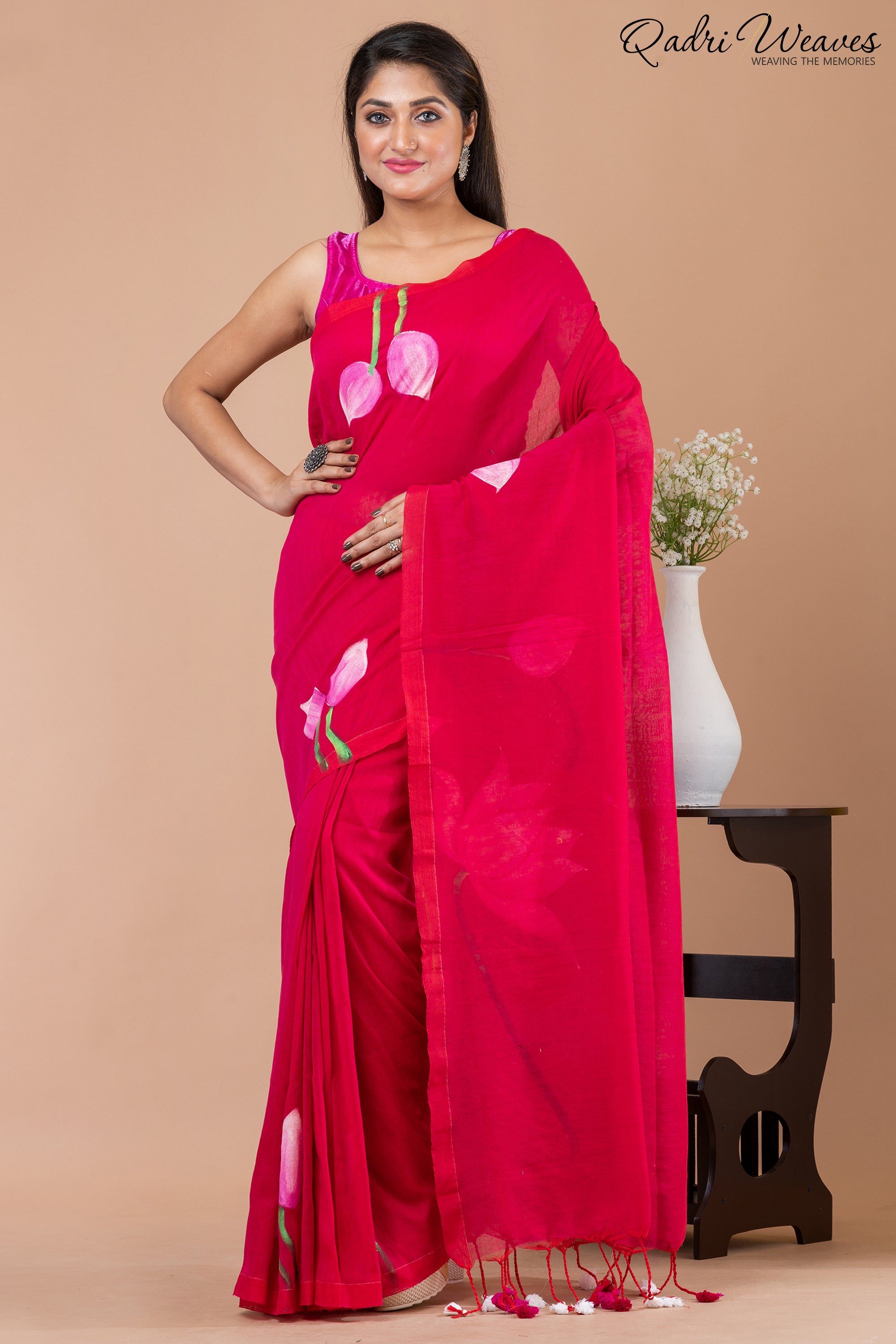 Hand Painted Pure Cotton Red Lotus Flower Design Saree