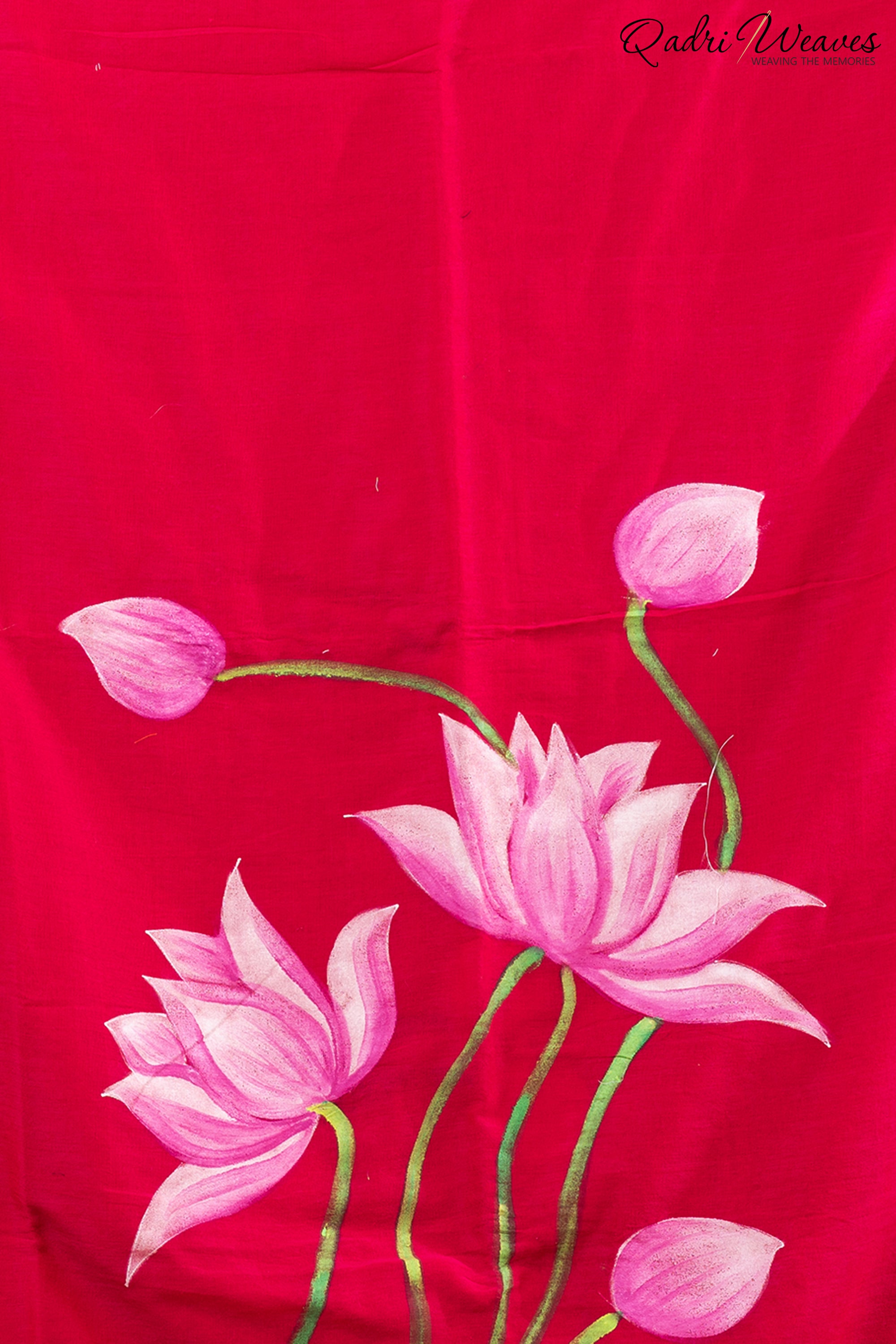 Hand Painted Pure Cotton Red Lotus Flower Design Saree