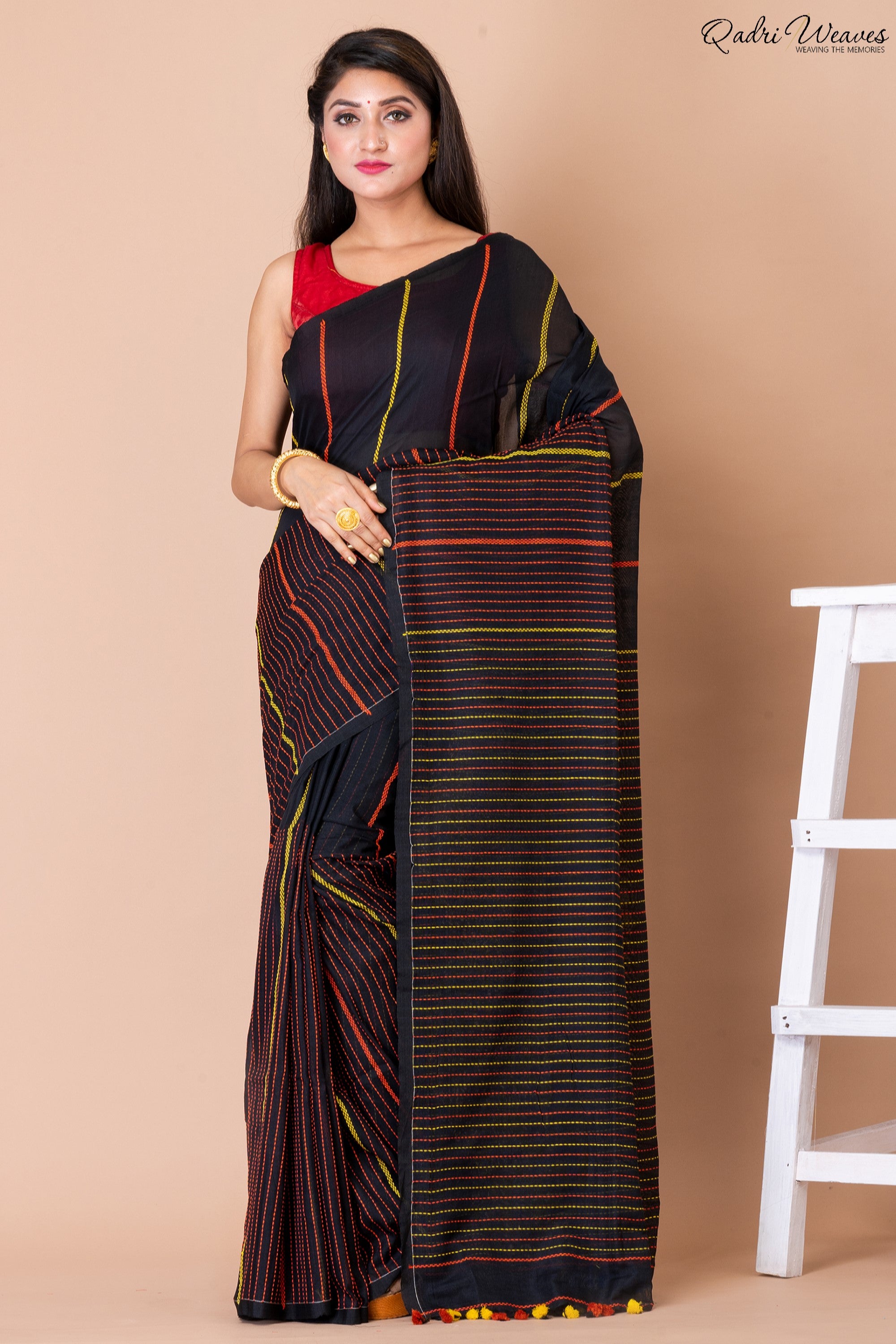 Handloom Black Pure Cotton Kantha Saree