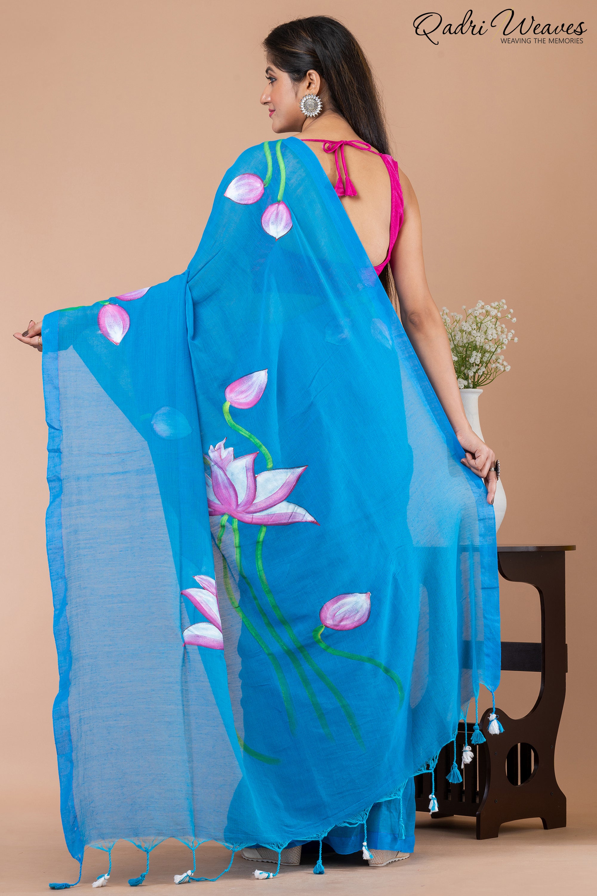 Hand Painted Pure Cotton Azure Blue Lotus Flower Design Saree