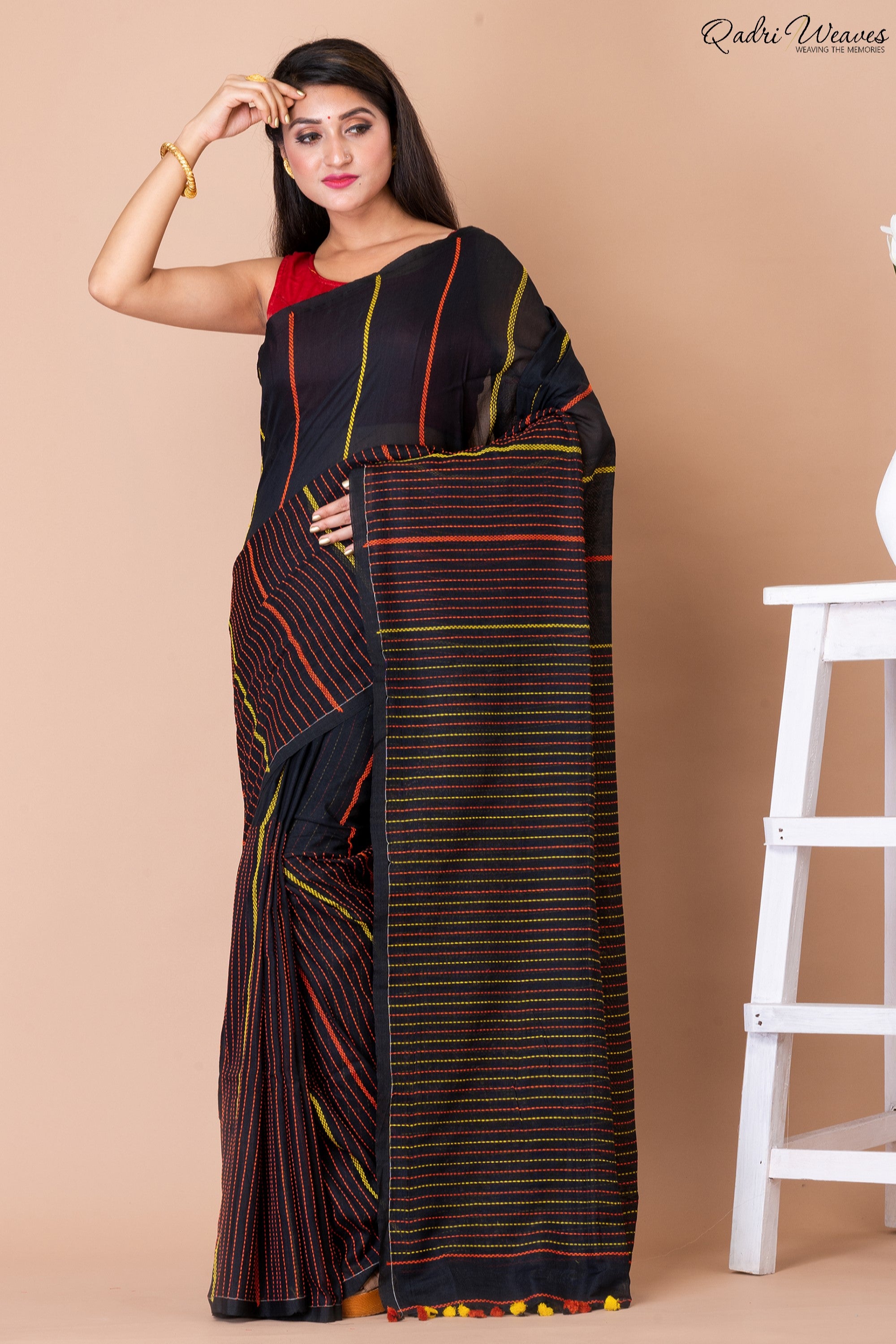 Handloom Black Pure Cotton Kantha Saree