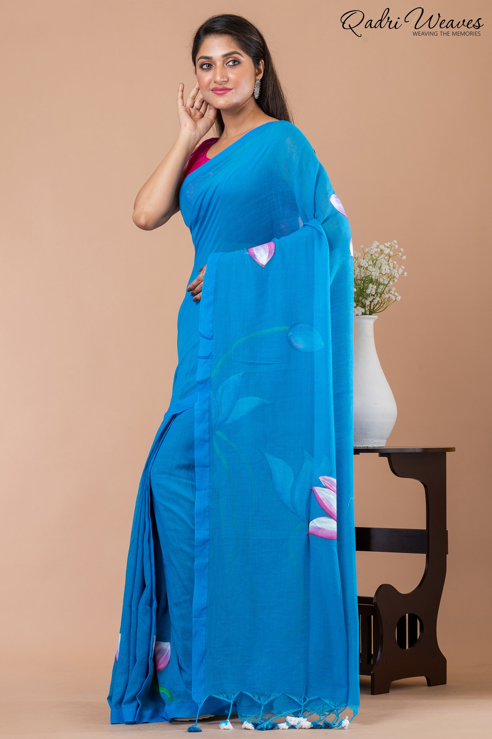 Hand Painted Pure Cotton Azure Blue Lotus Flower Design Saree