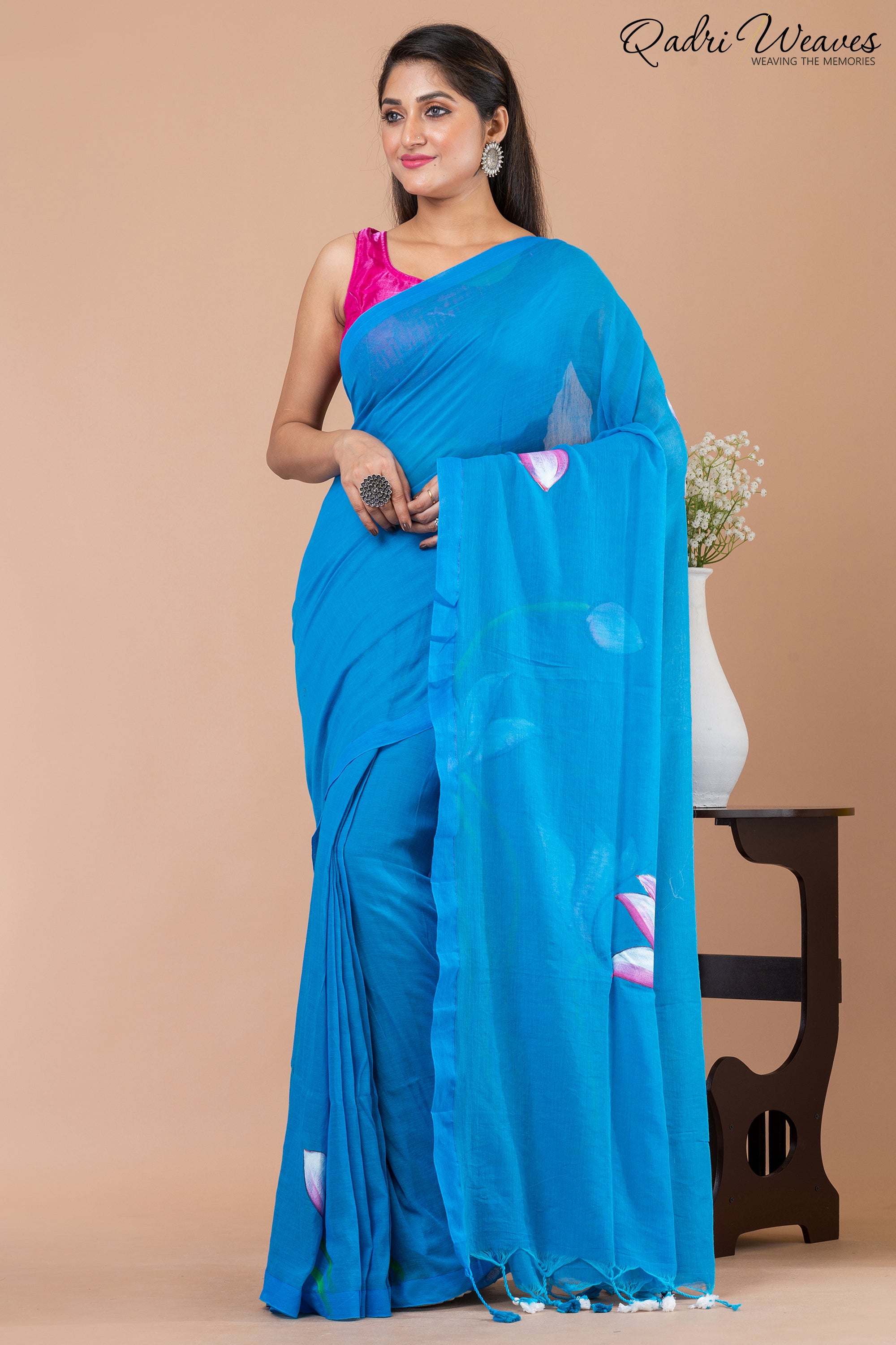 Hand Painted Pure Cotton Azure Blue Lotus Flower Design Saree