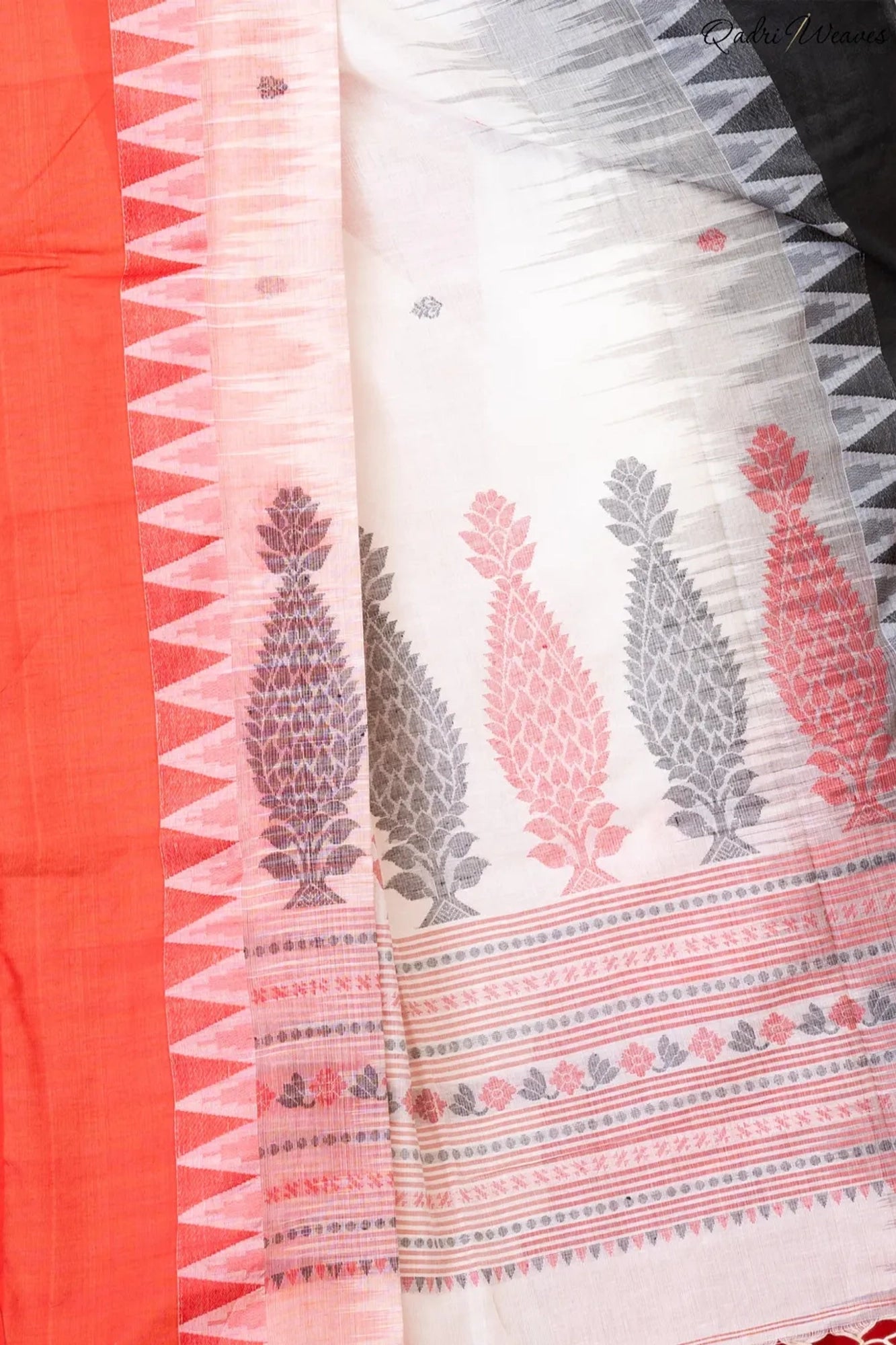 Handloom White & Red Pure Cotton Ikat Saree