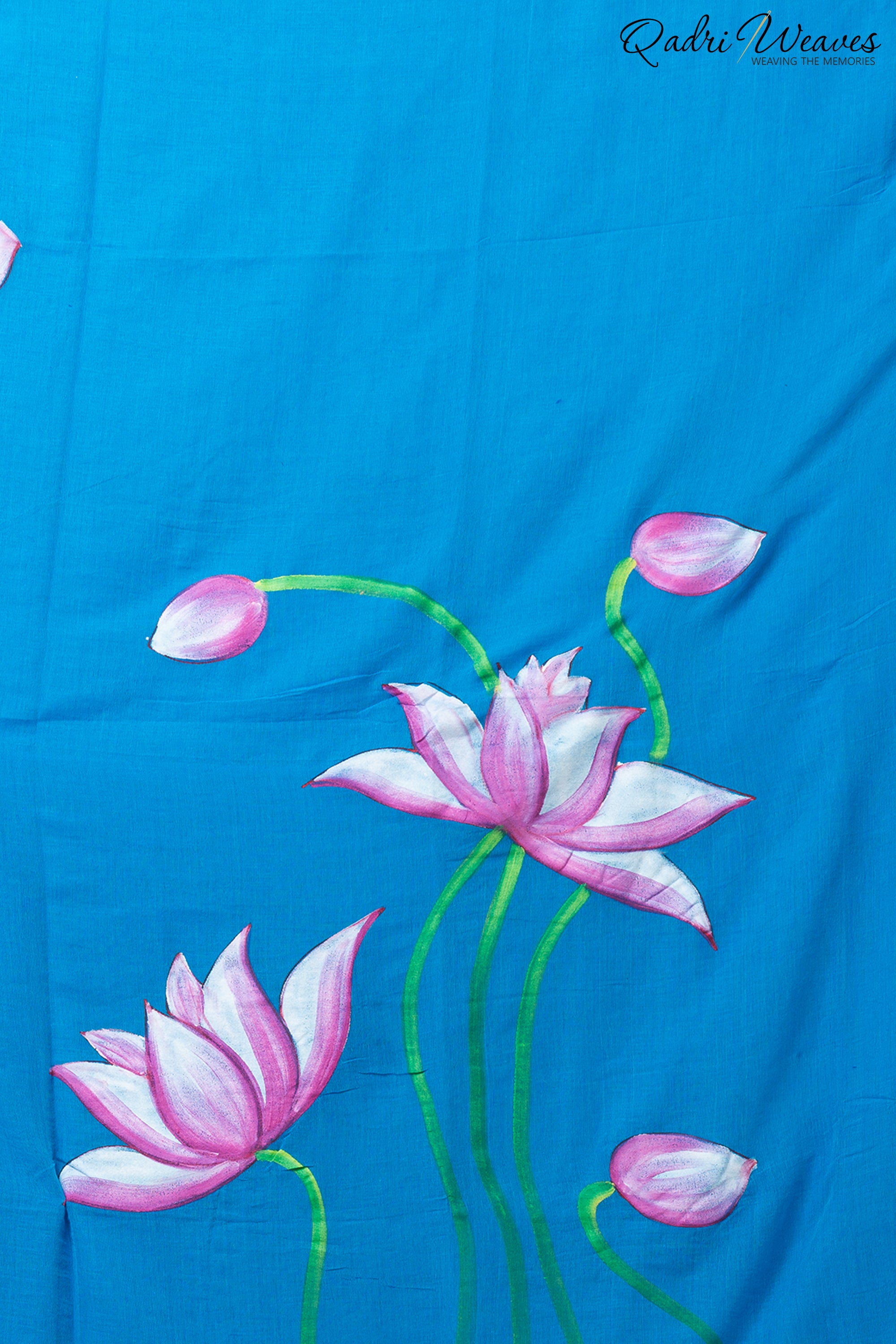 Hand Painted Pure Cotton Azure Blue Lotus Flower Design Saree