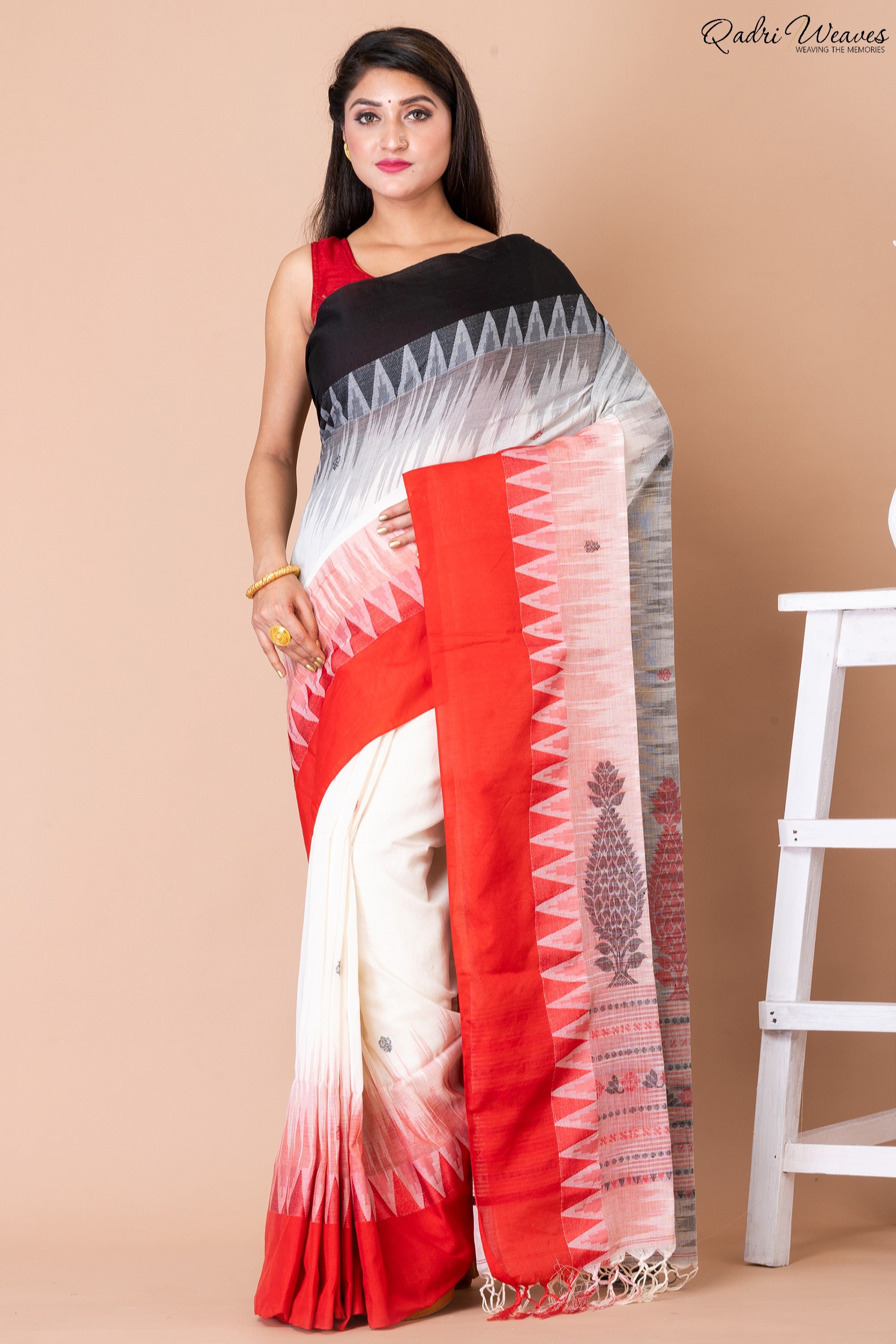 Handloom White & Red Pure Cotton Ikat Saree