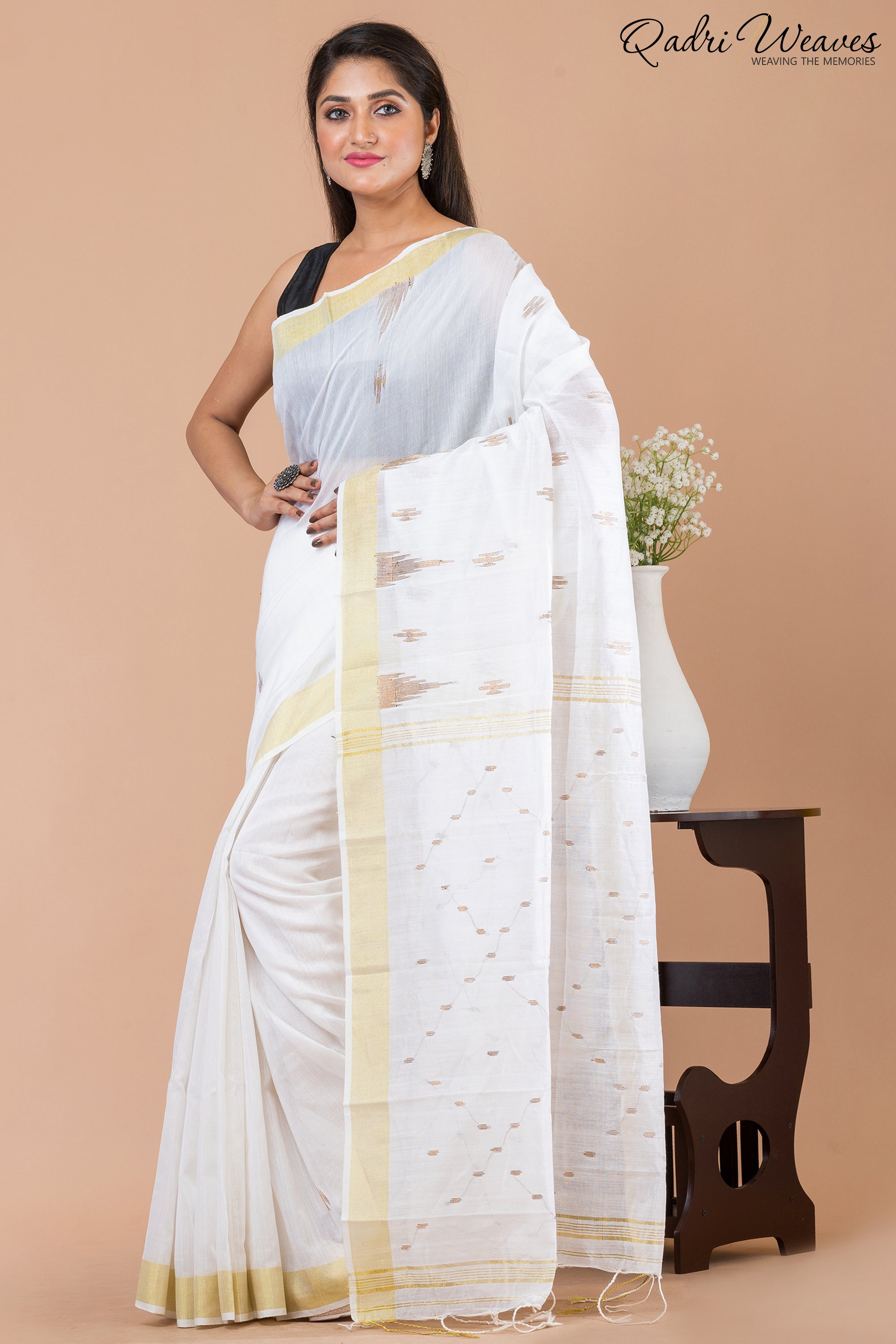 White Cotton Silk Butti Saree with golden border