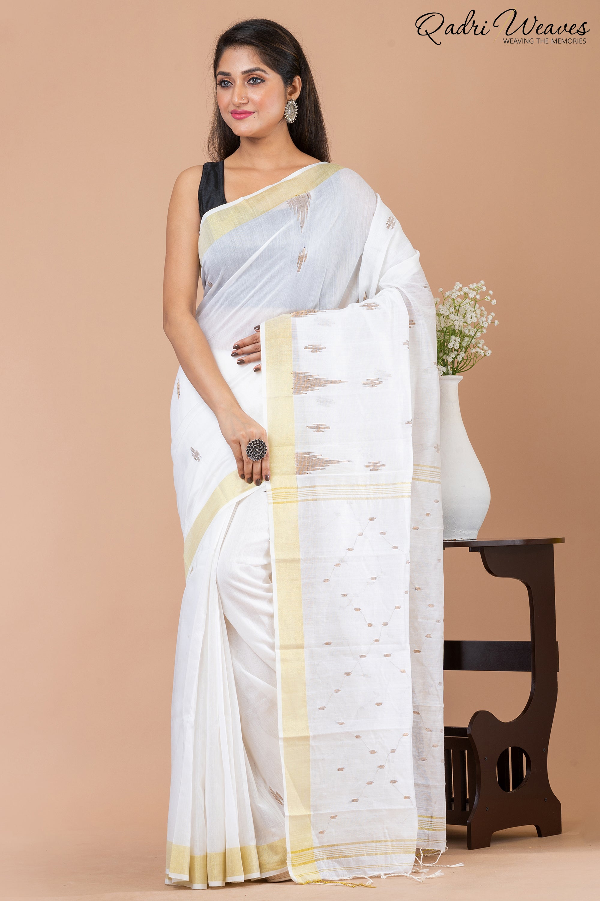 White Cotton Silk Butti Saree with golden border