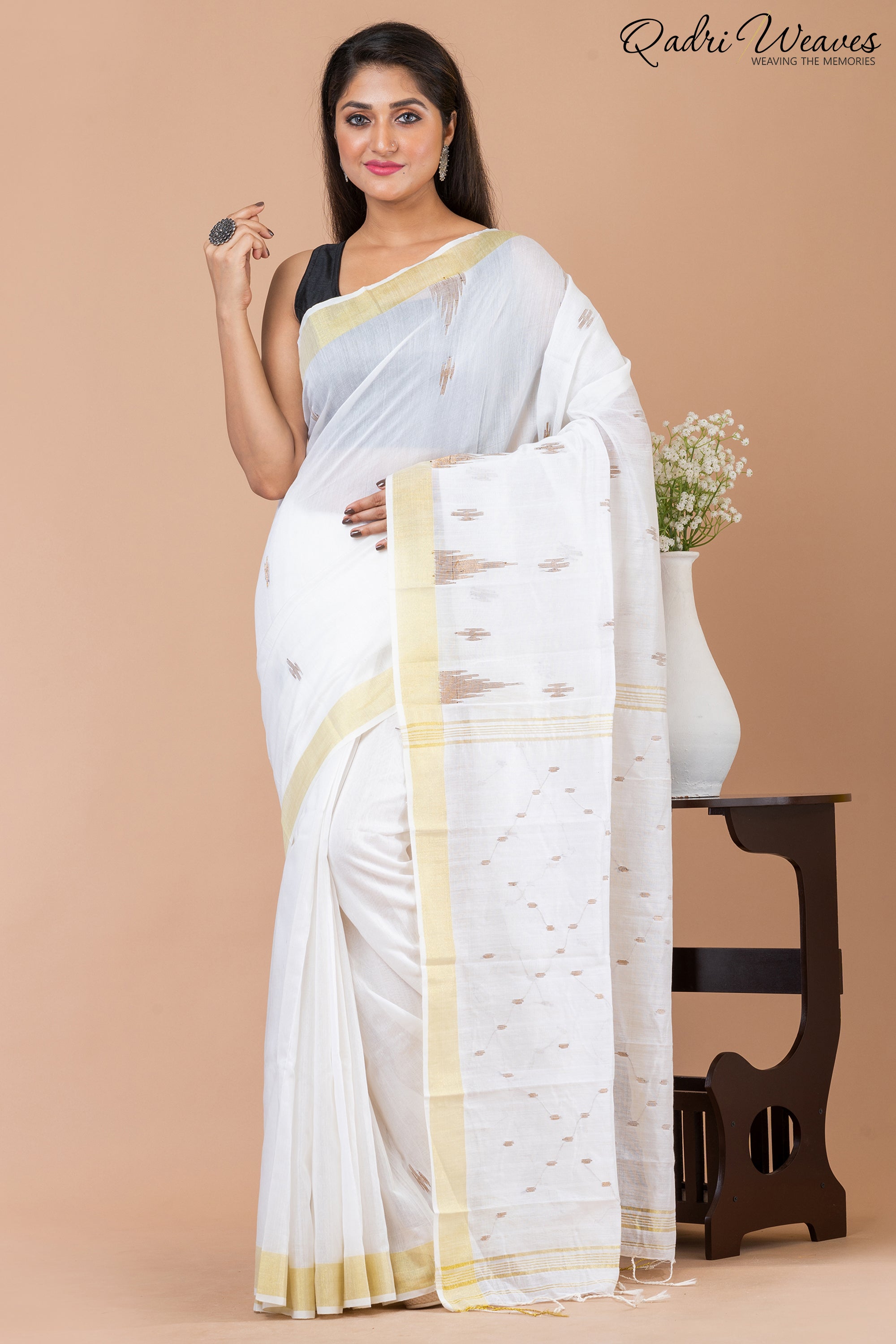 White Cotton Silk Butti Saree with golden border