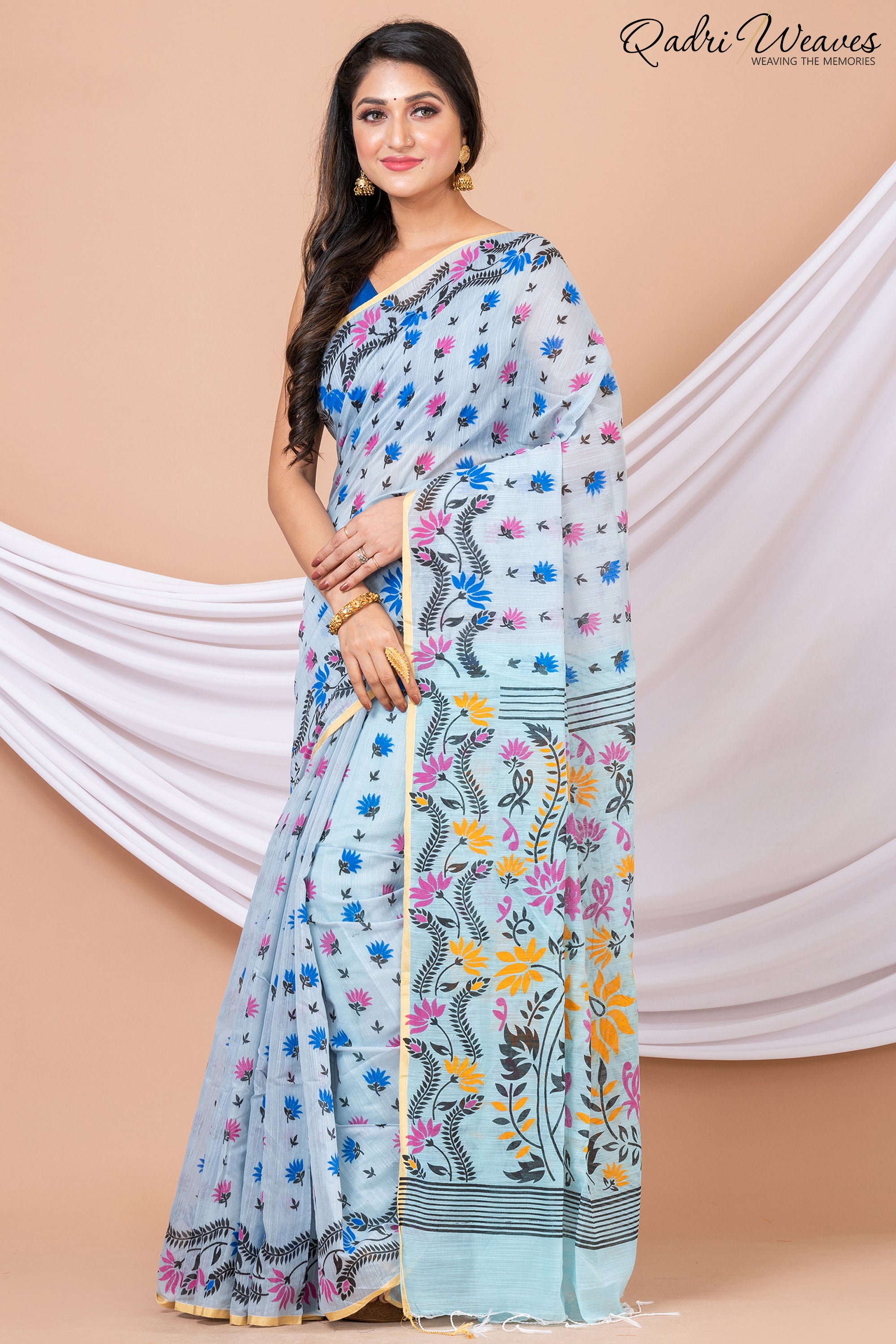 Printed Light Blue Cotton Silk Flower Design Saree