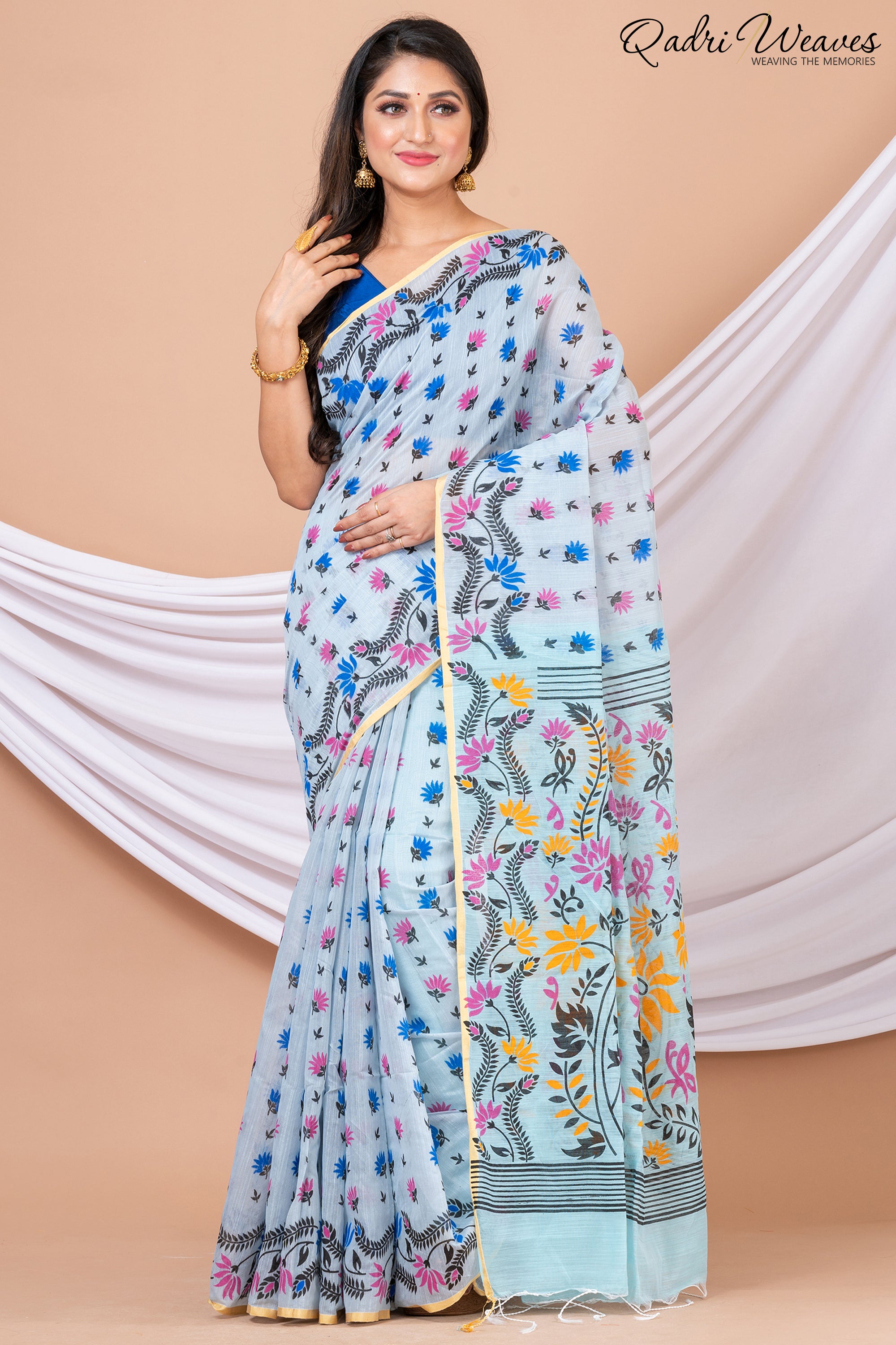 Printed Light Blue Cotton Silk Flower Design Saree