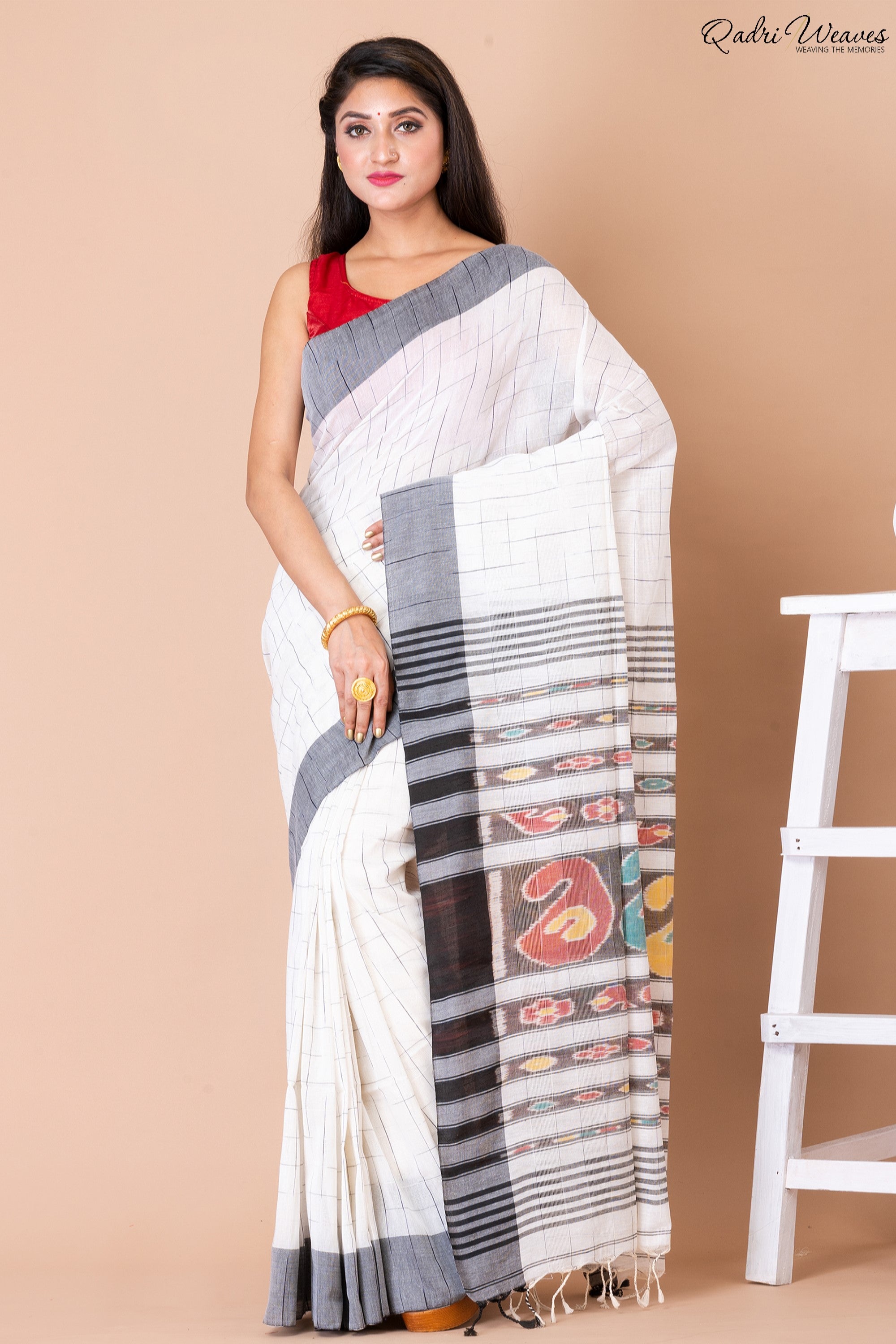 Handloom White Check Pure Cotton Ikat Saree