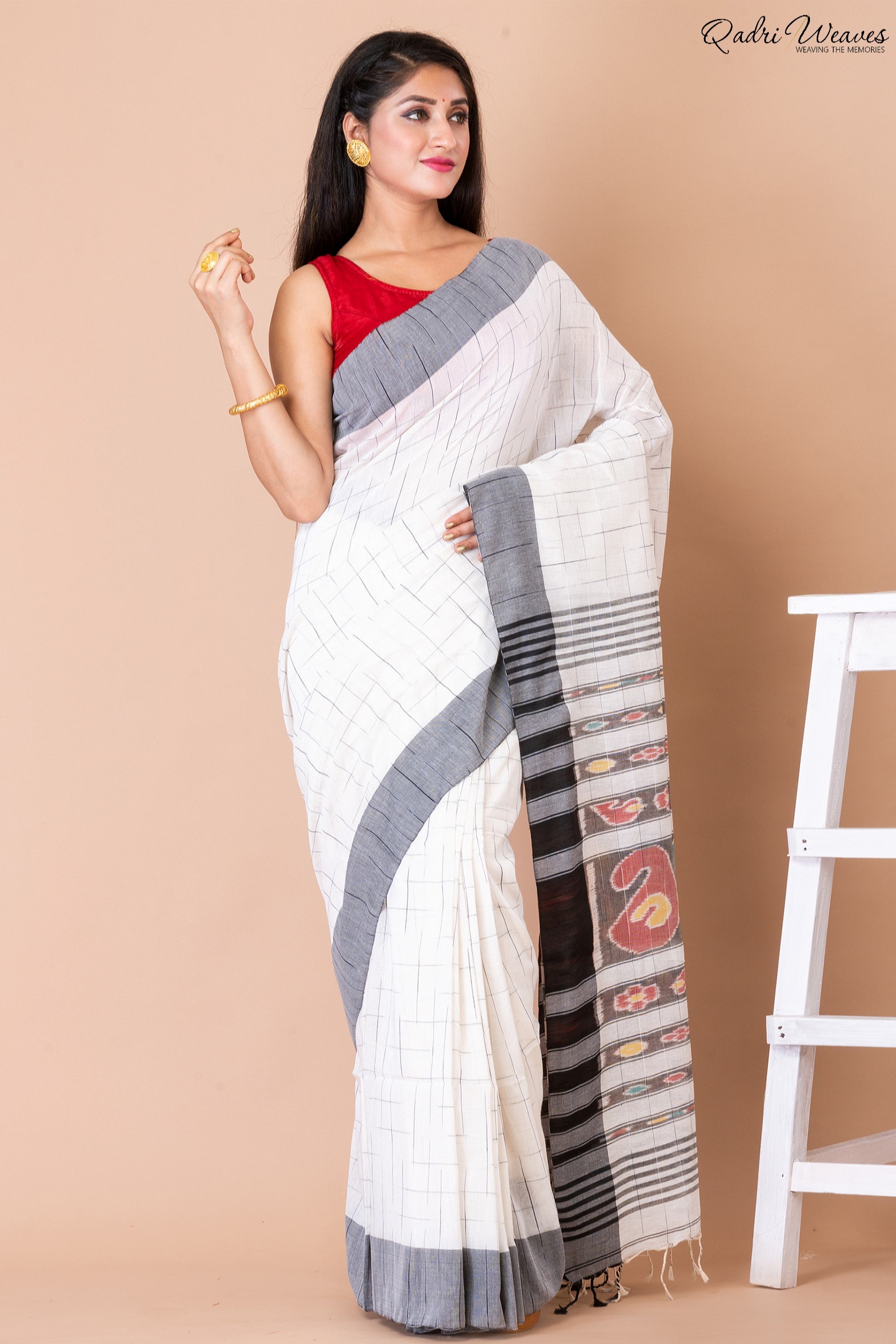 Handloom White Check Pure Cotton Ikat Saree