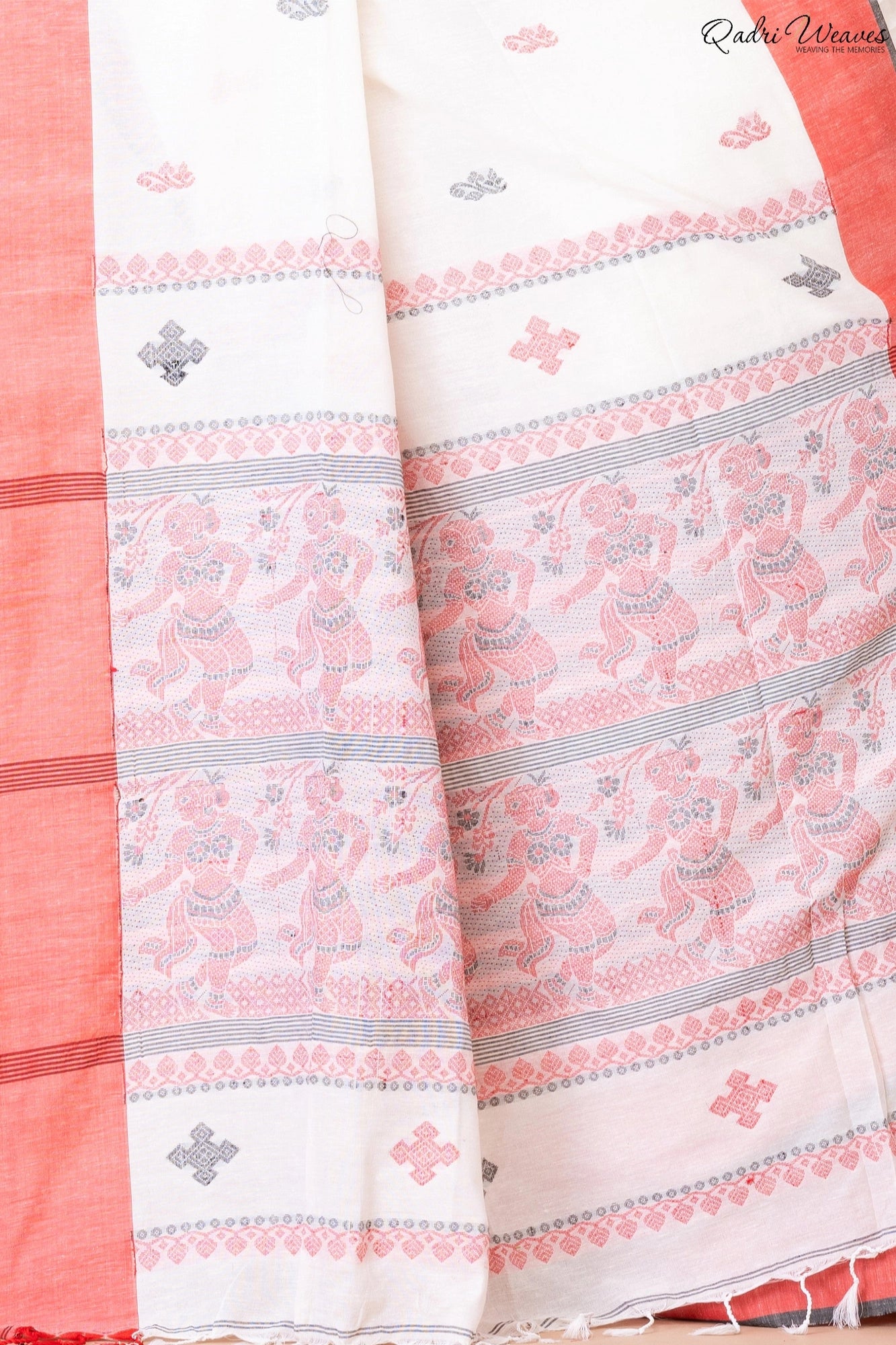 Handloom White & Pale Red Baluchari Saree