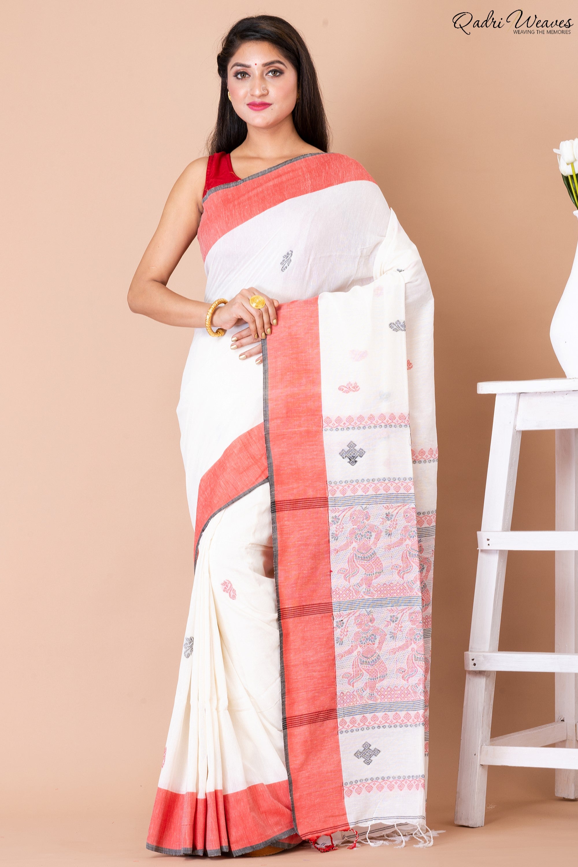 Handloom White & Pale Red Baluchari Saree