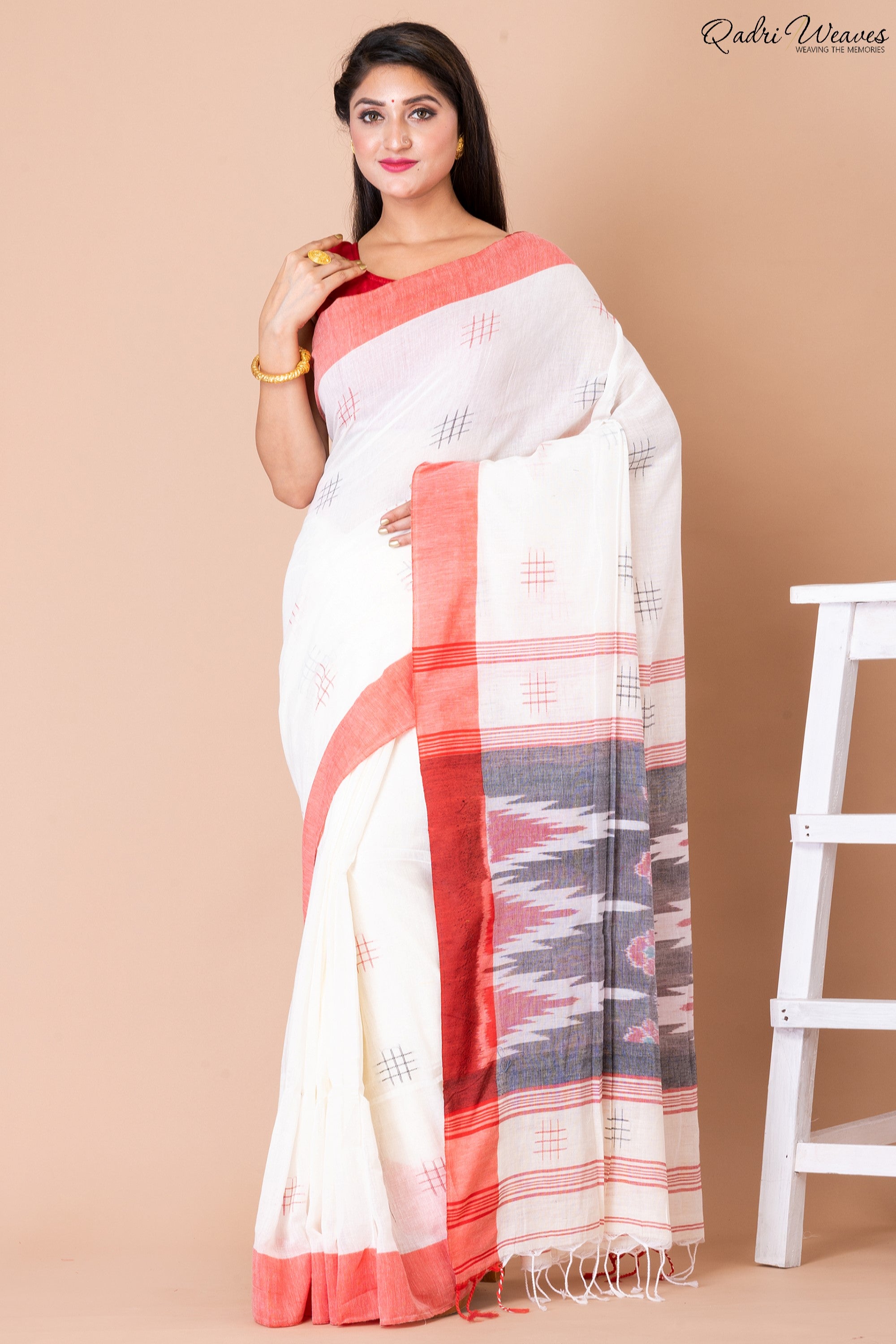 Handloom White Pure Cotton Ikat Saree