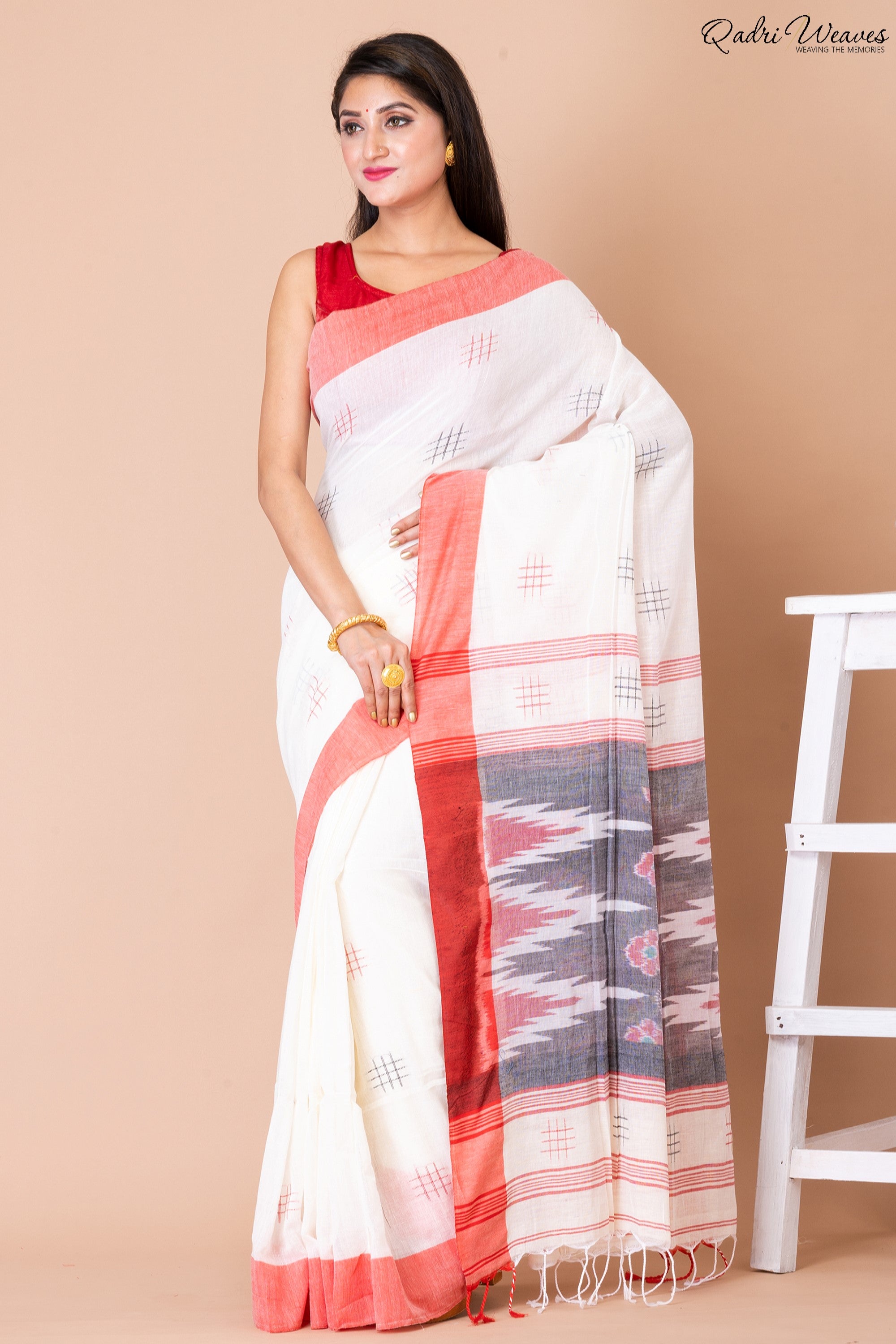 Handloom White Pure Cotton Ikat Saree