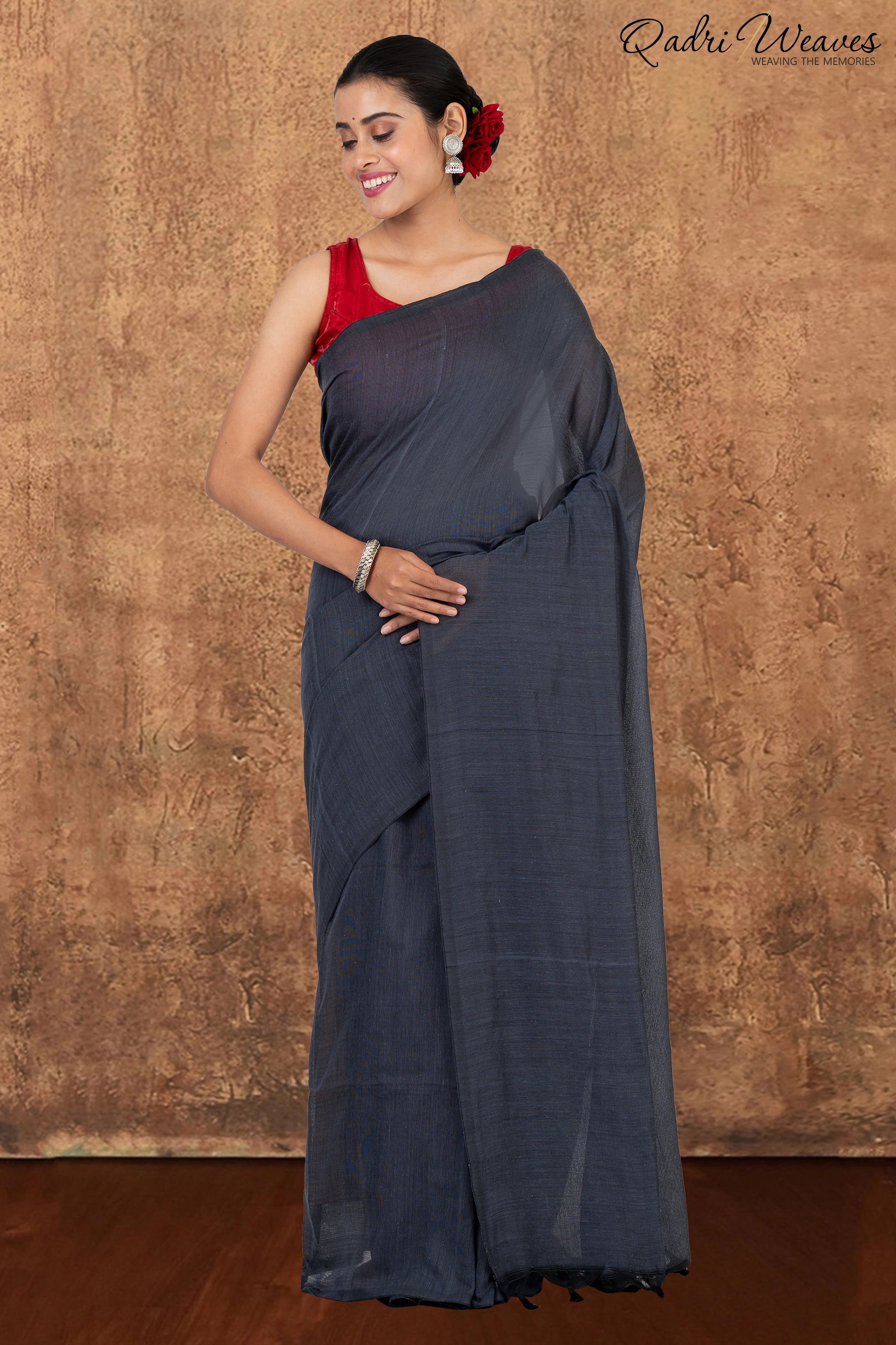 Dark Grey Pure Khadi Saree