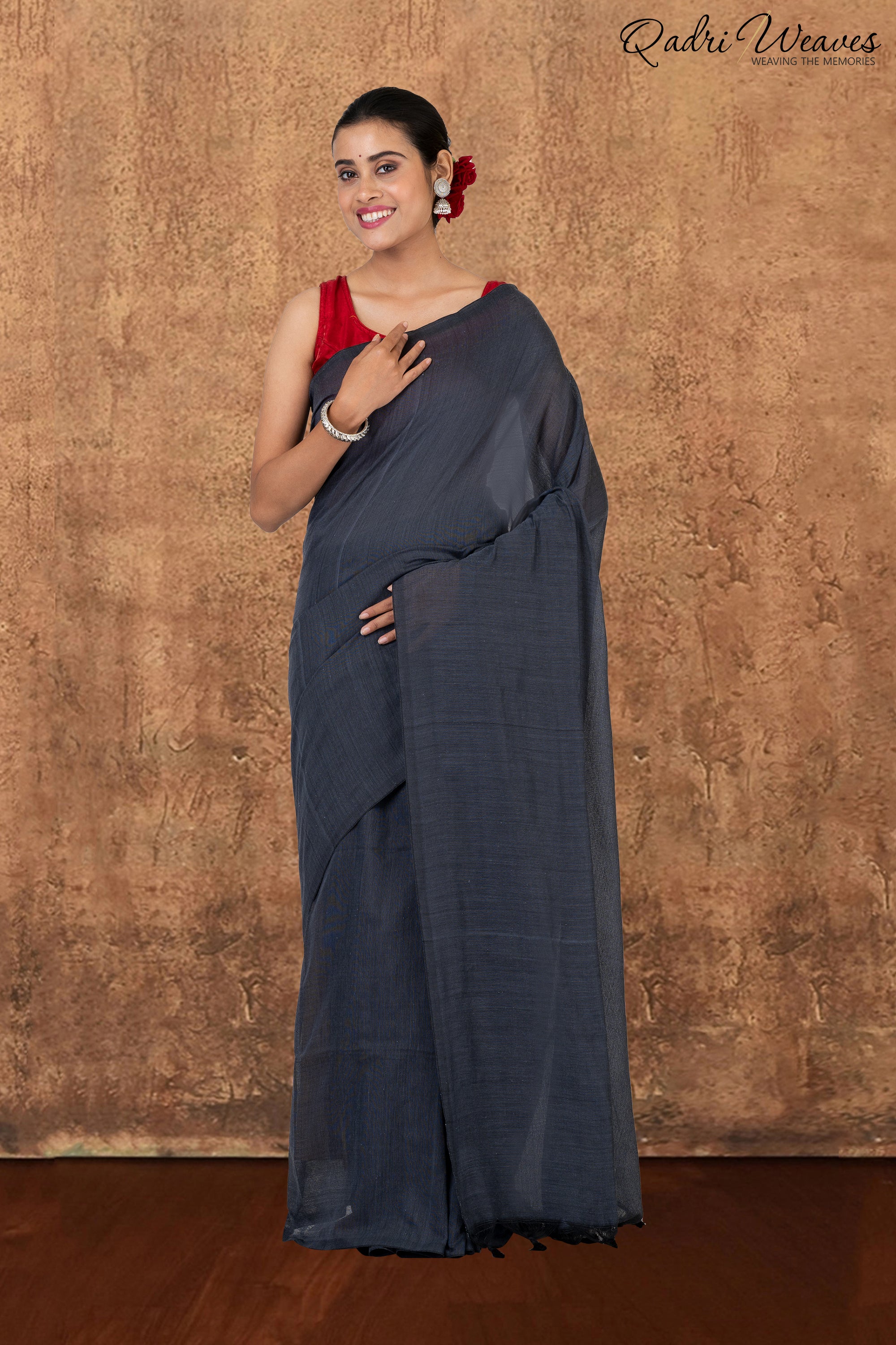 Dark Grey Pure Khadi Saree