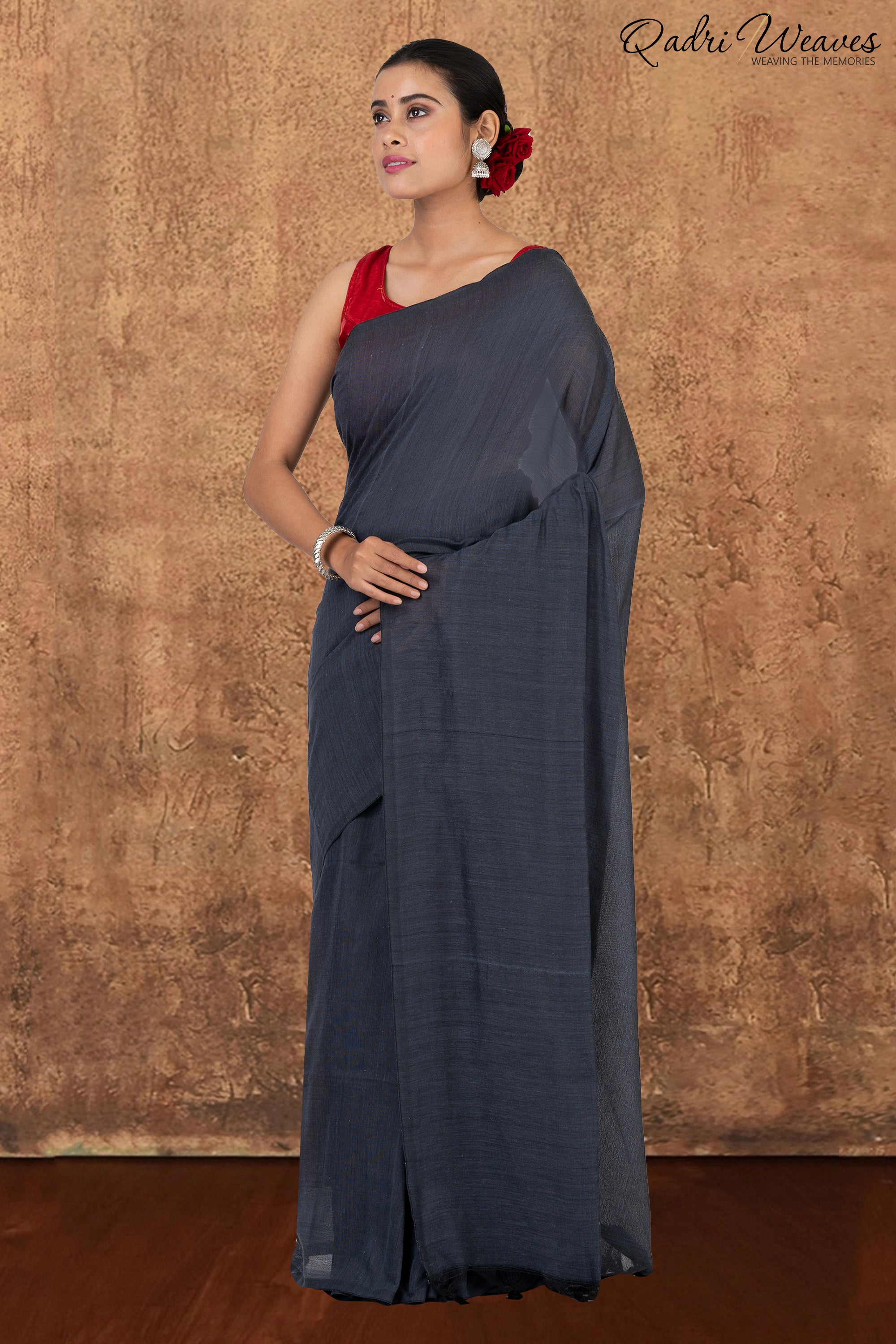 Dark Grey Pure Khadi Saree