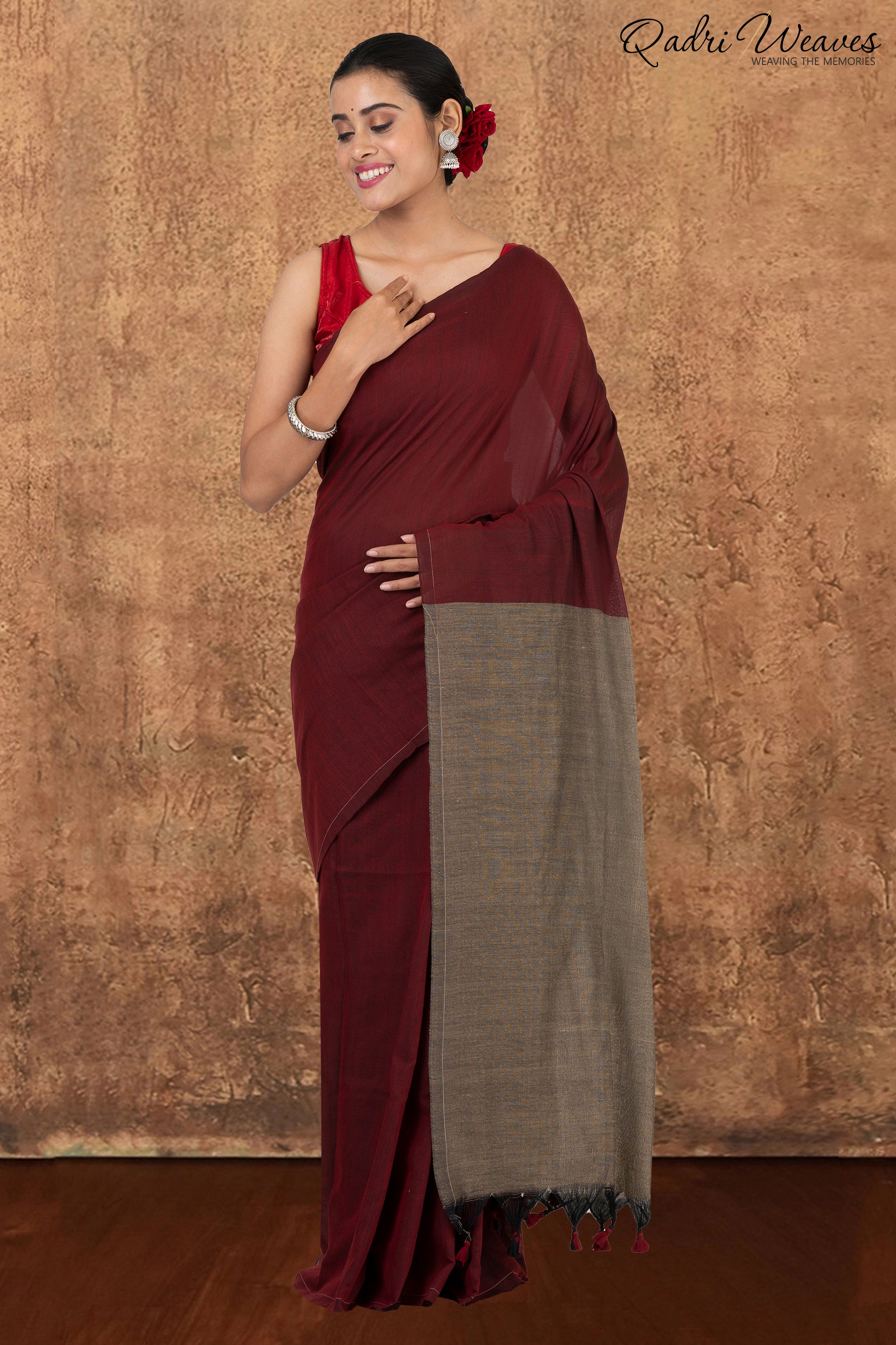 Maroon & Grey Pallu Khadi Saree