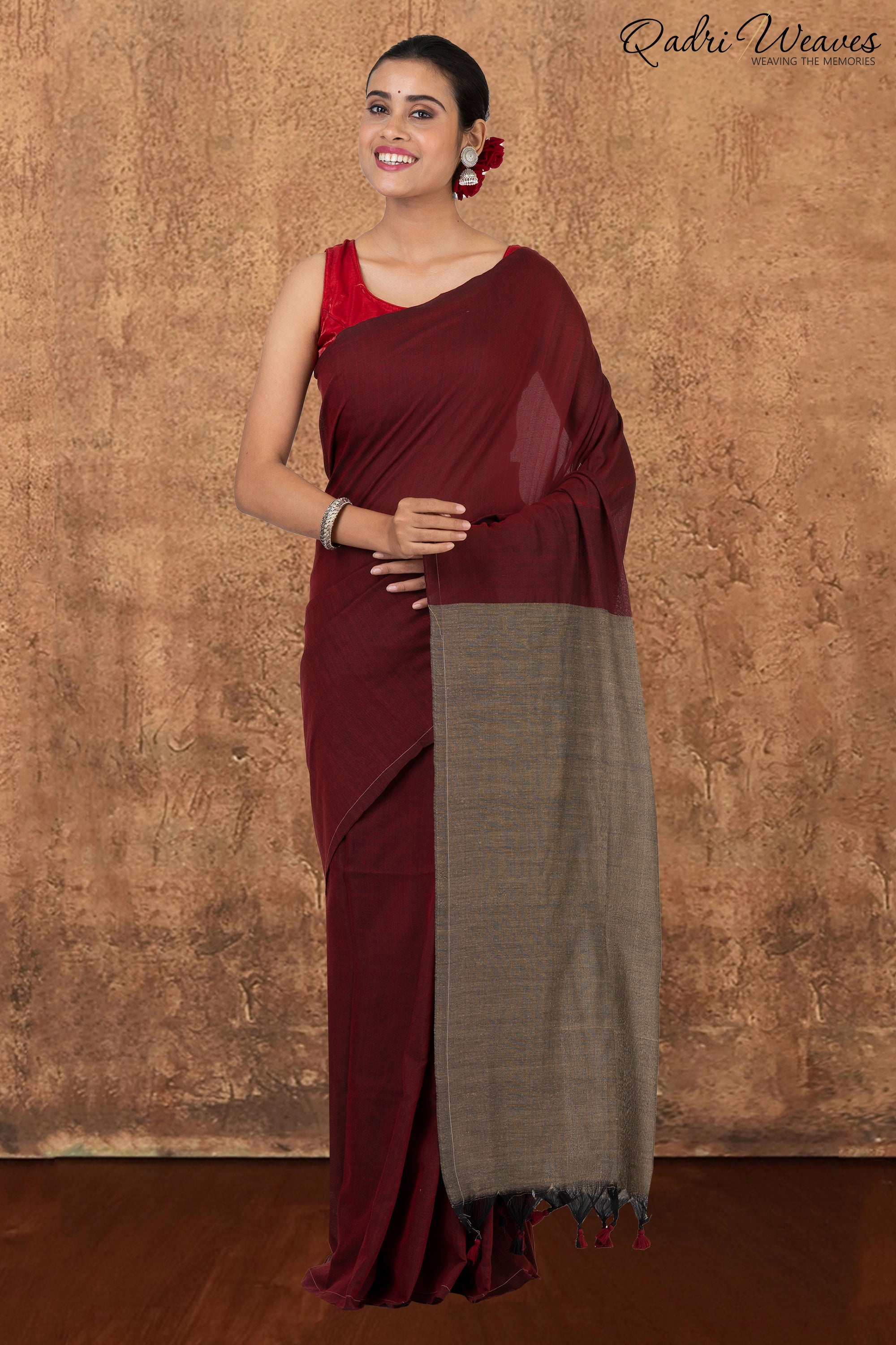 Maroon & Grey Pallu Khadi Saree