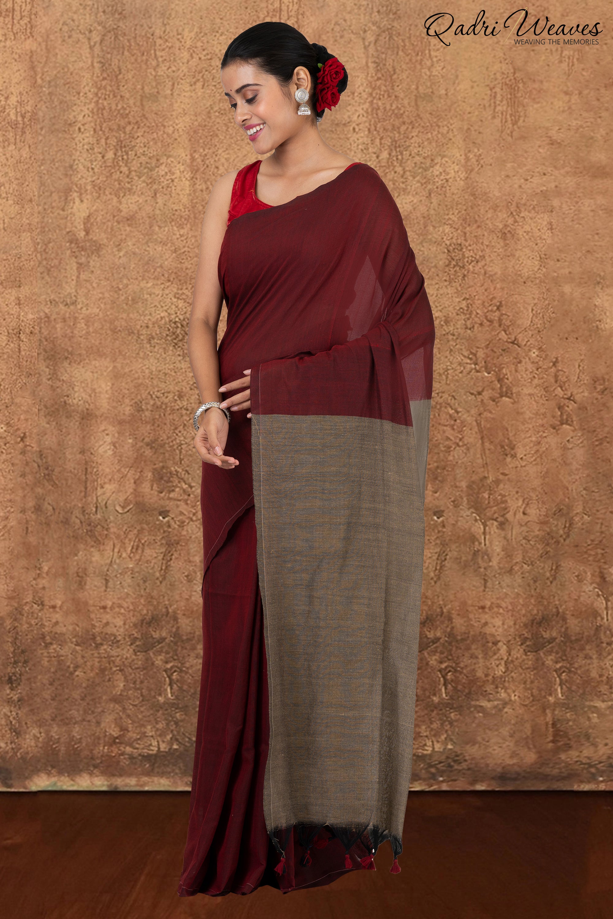 Maroon & Grey Pallu Khadi Saree