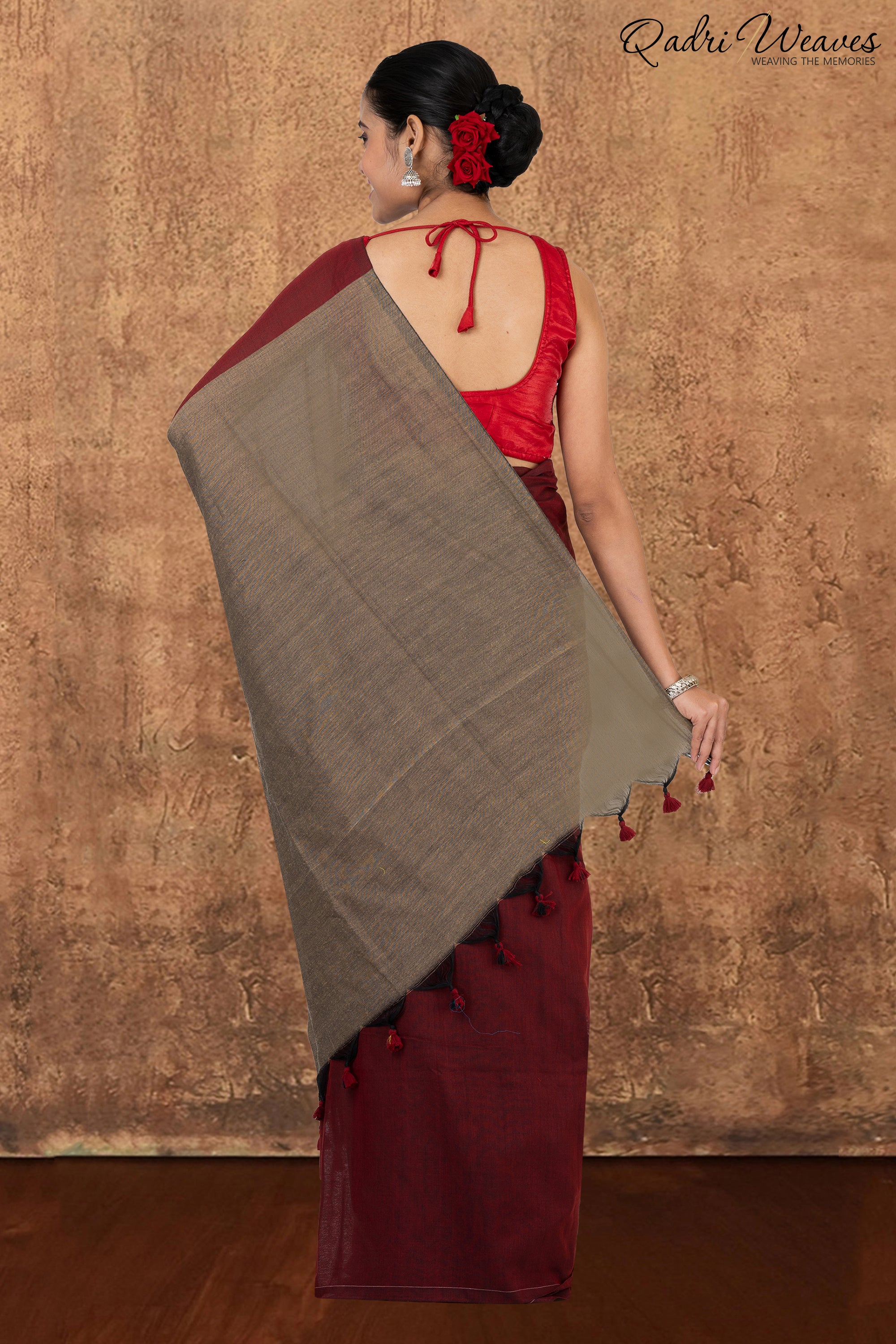 Maroon & Grey Pallu Khadi Saree