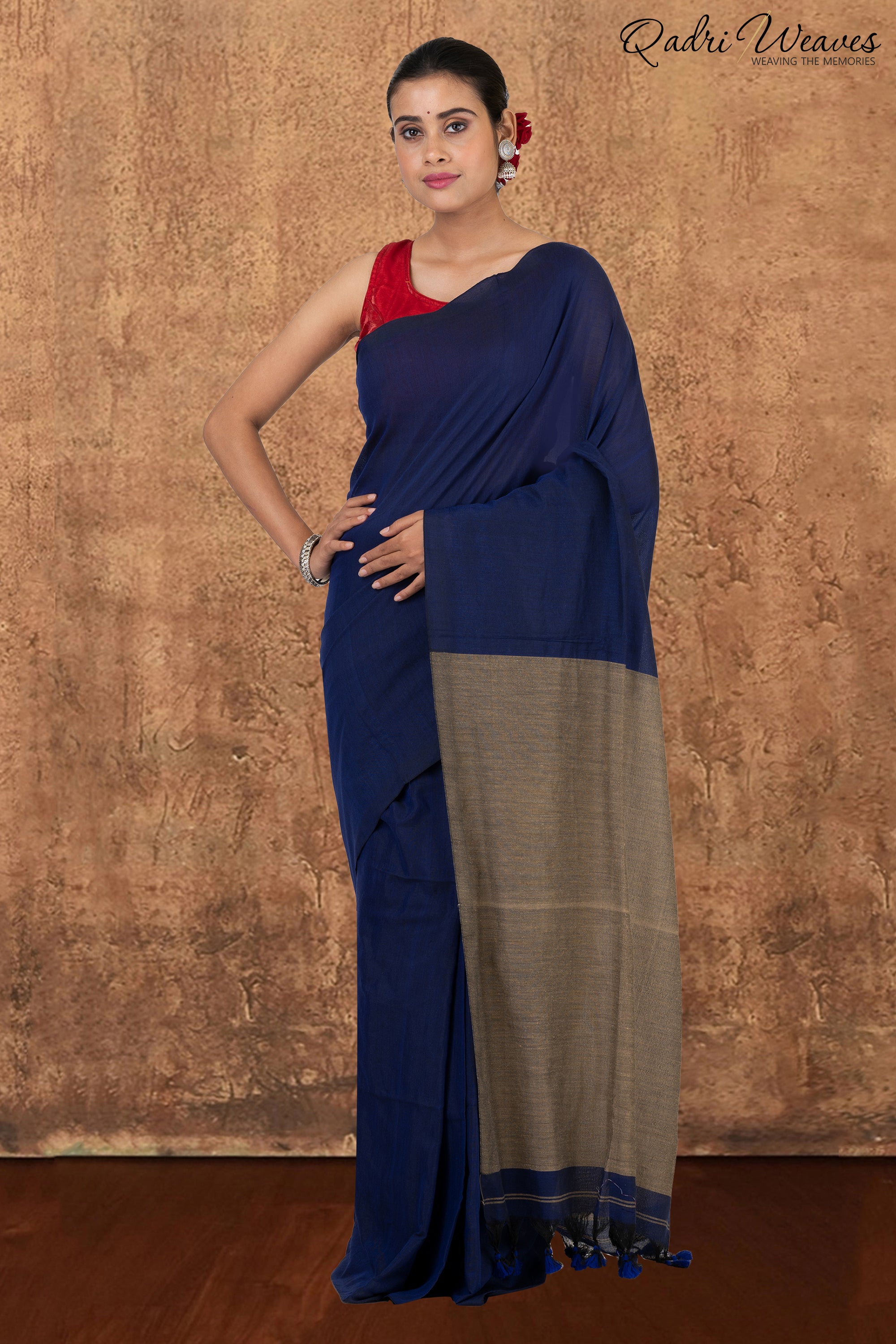 Denim Blue & Grey Pallu Khadi Saree