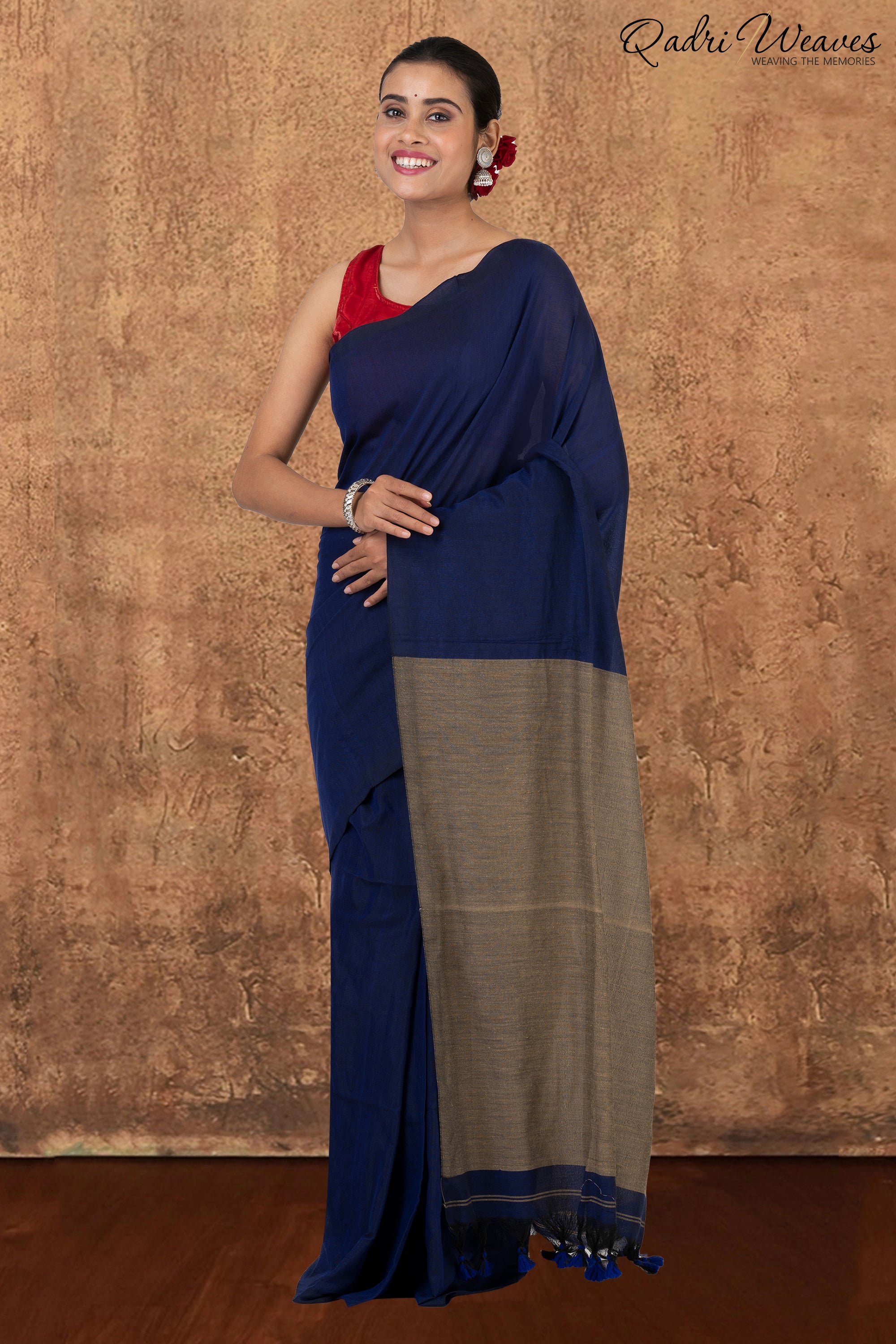 Denim Blue & Grey Pallu Khadi Saree