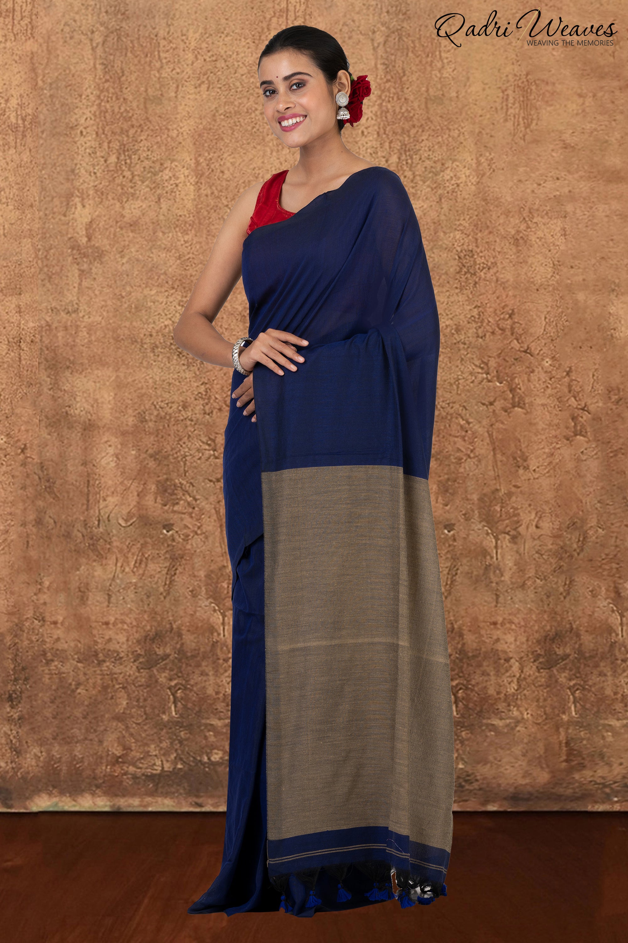 Denim Blue & Grey Pallu Khadi Saree