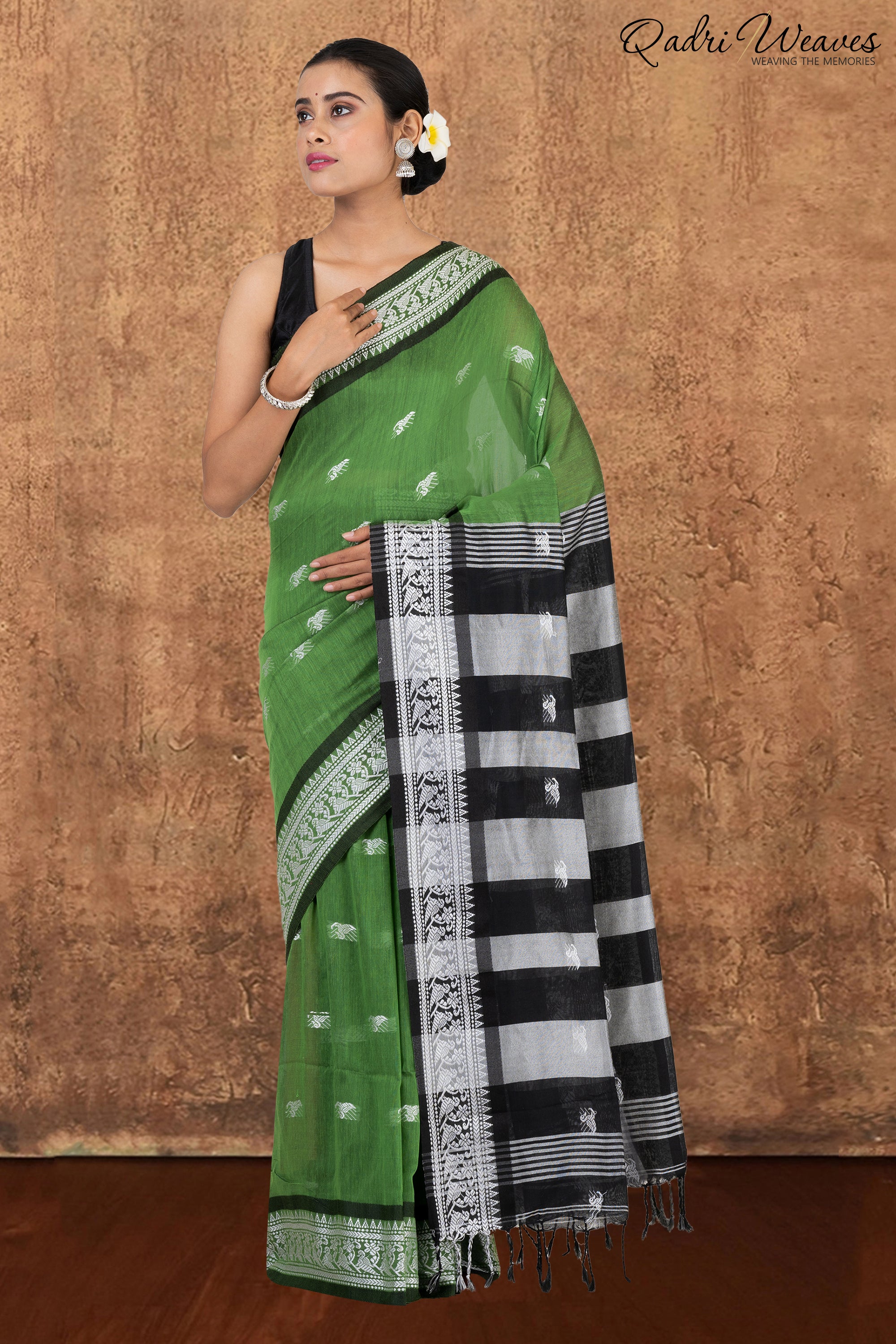 Green & Black with Silver Butti work Khadi Saree