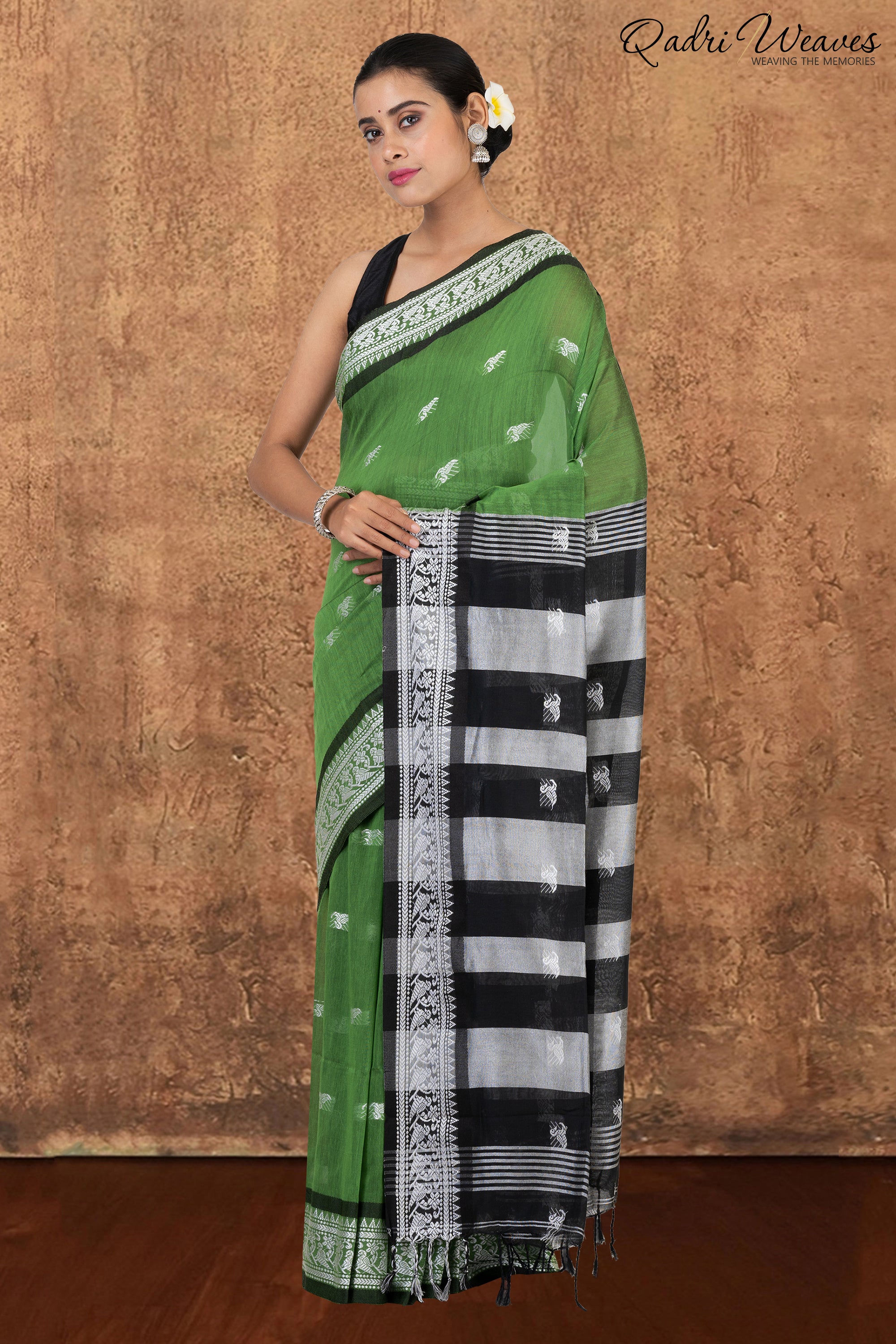 Green & Black with Silver Butti work Khadi Saree