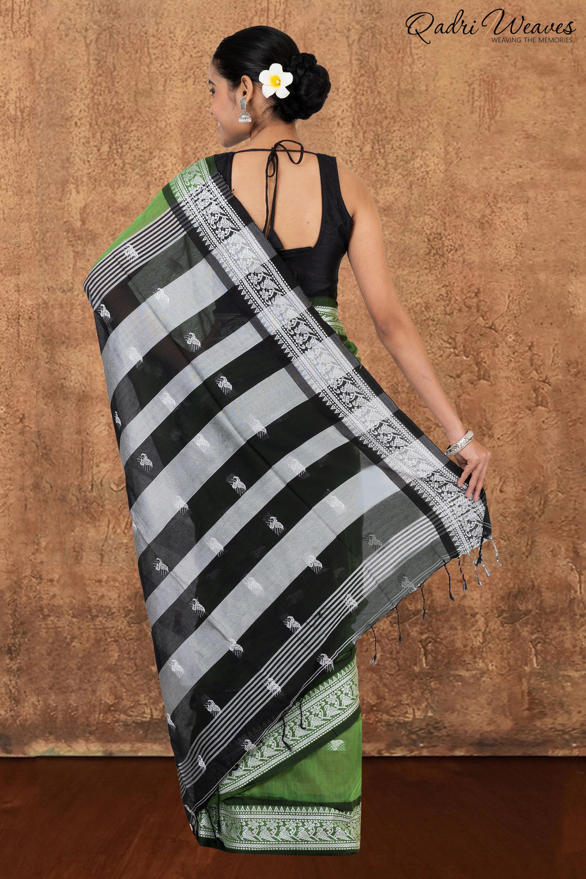 Green & Black with Silver Butti work Khadi Saree