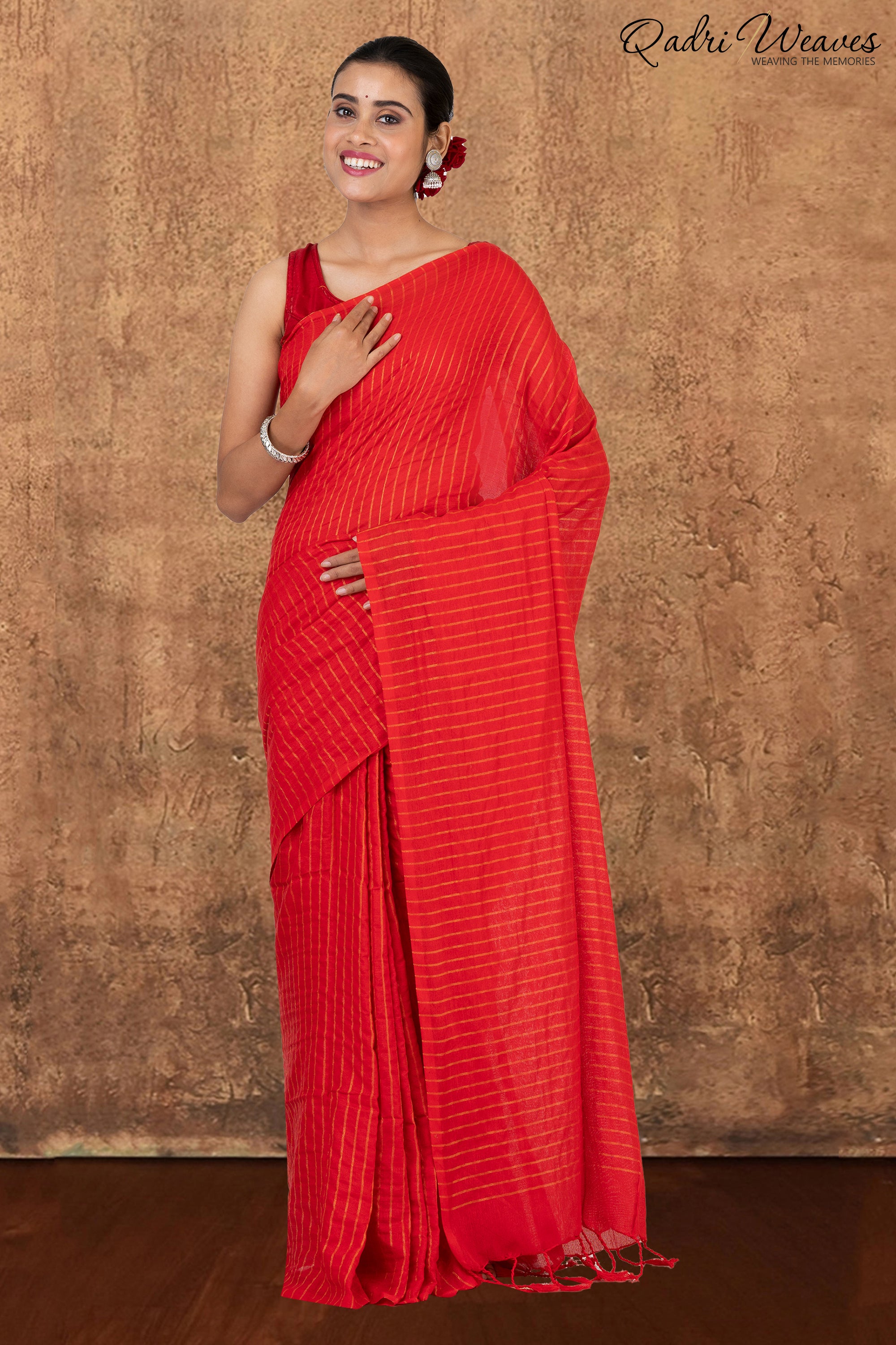 Cherry Red Striped Khadi Saree