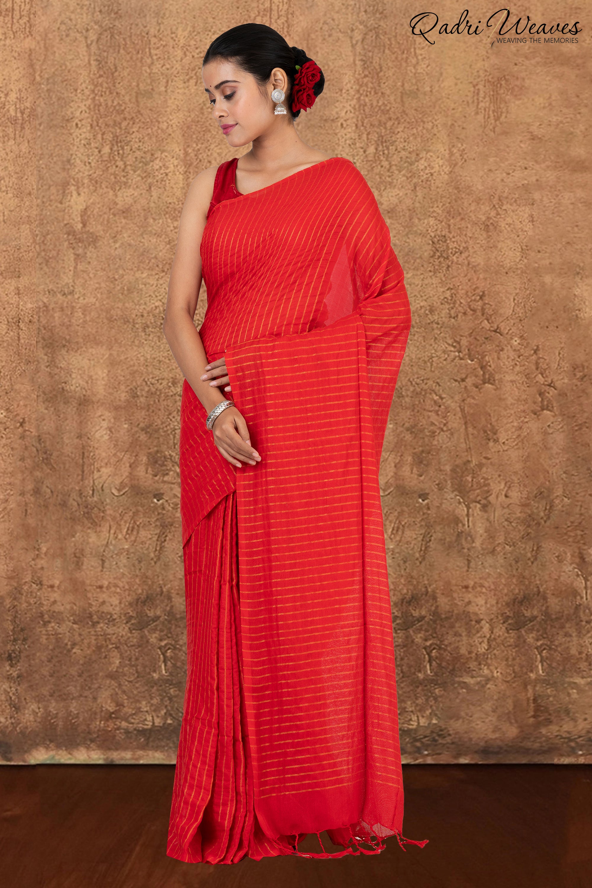 Cherry Red Striped Khadi Saree