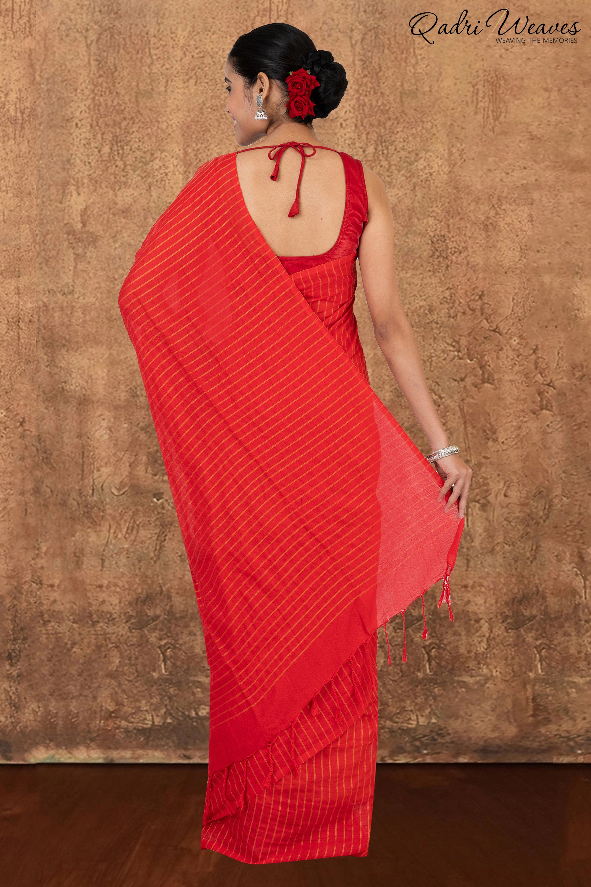 Cherry Red Striped Khadi Saree