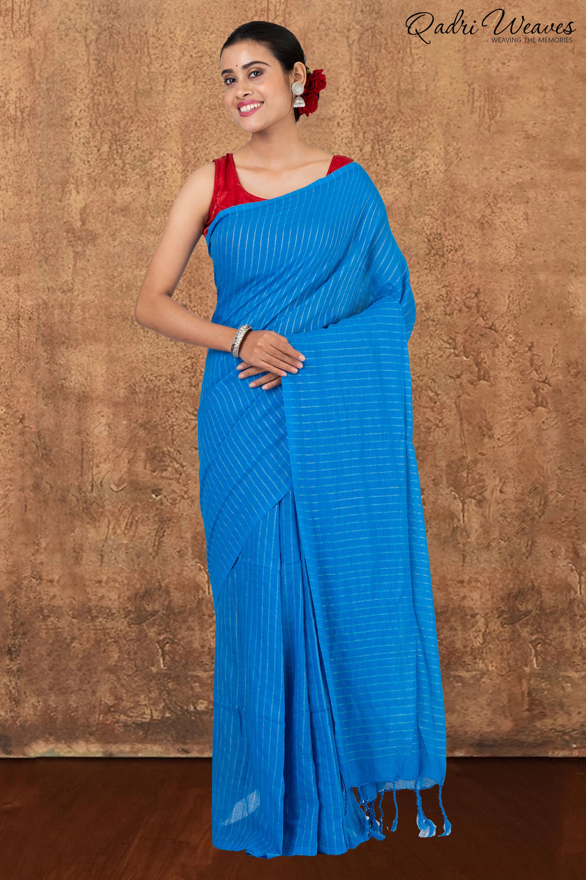 Azure Blue Striped Khadi Saree