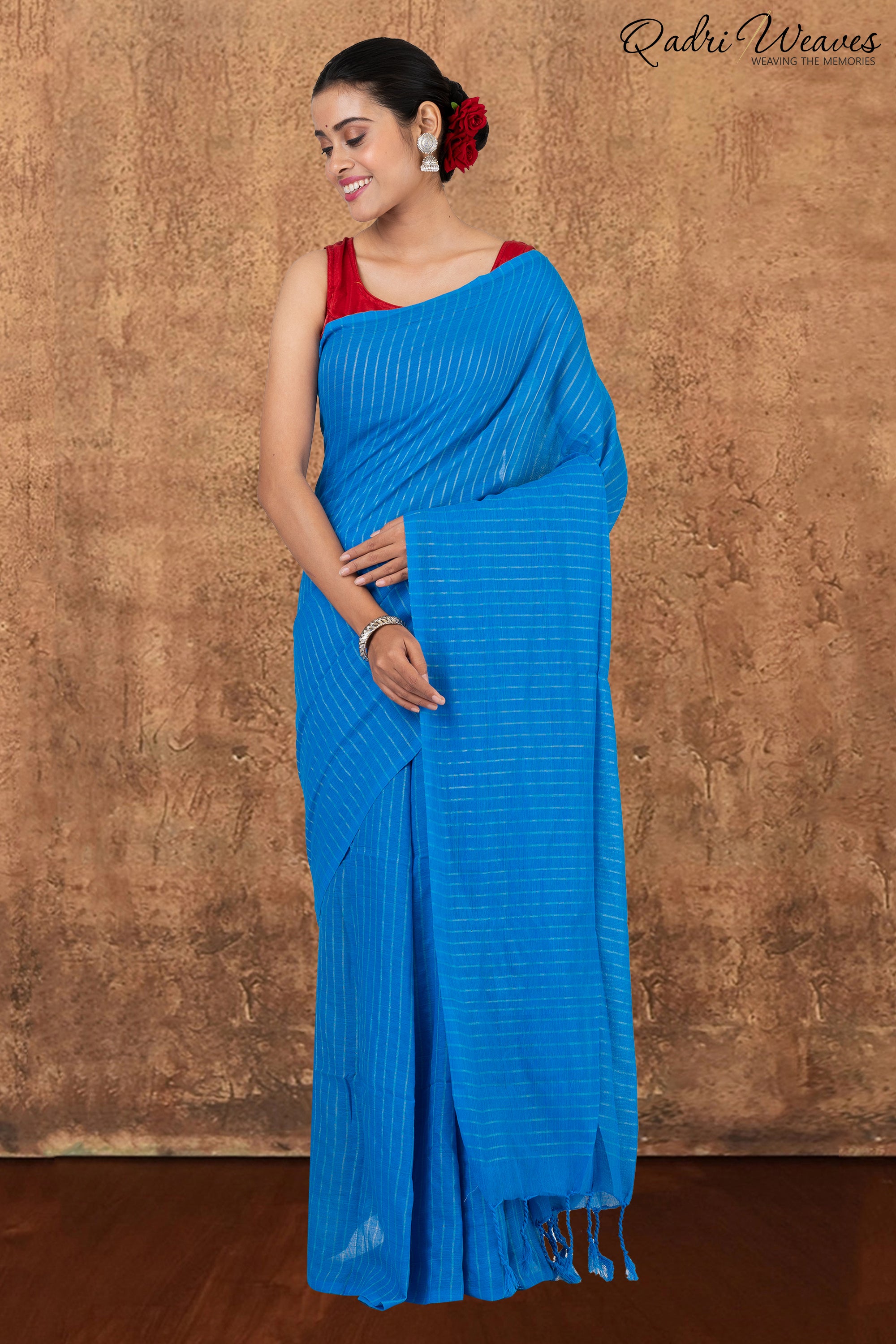 Azure Blue Striped Khadi Saree